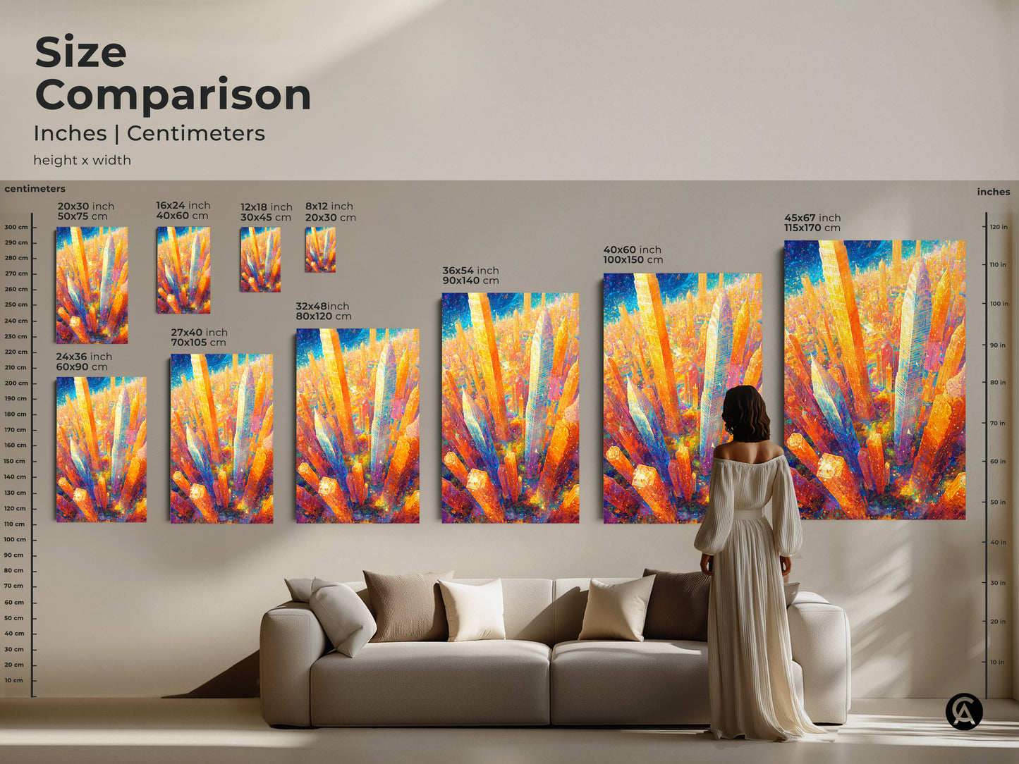 Size comparison of cityscape artwork prints. Visualize the art in inches and centimeters. See how different sizes fit with furniture to enhance your living space with vibrant art.