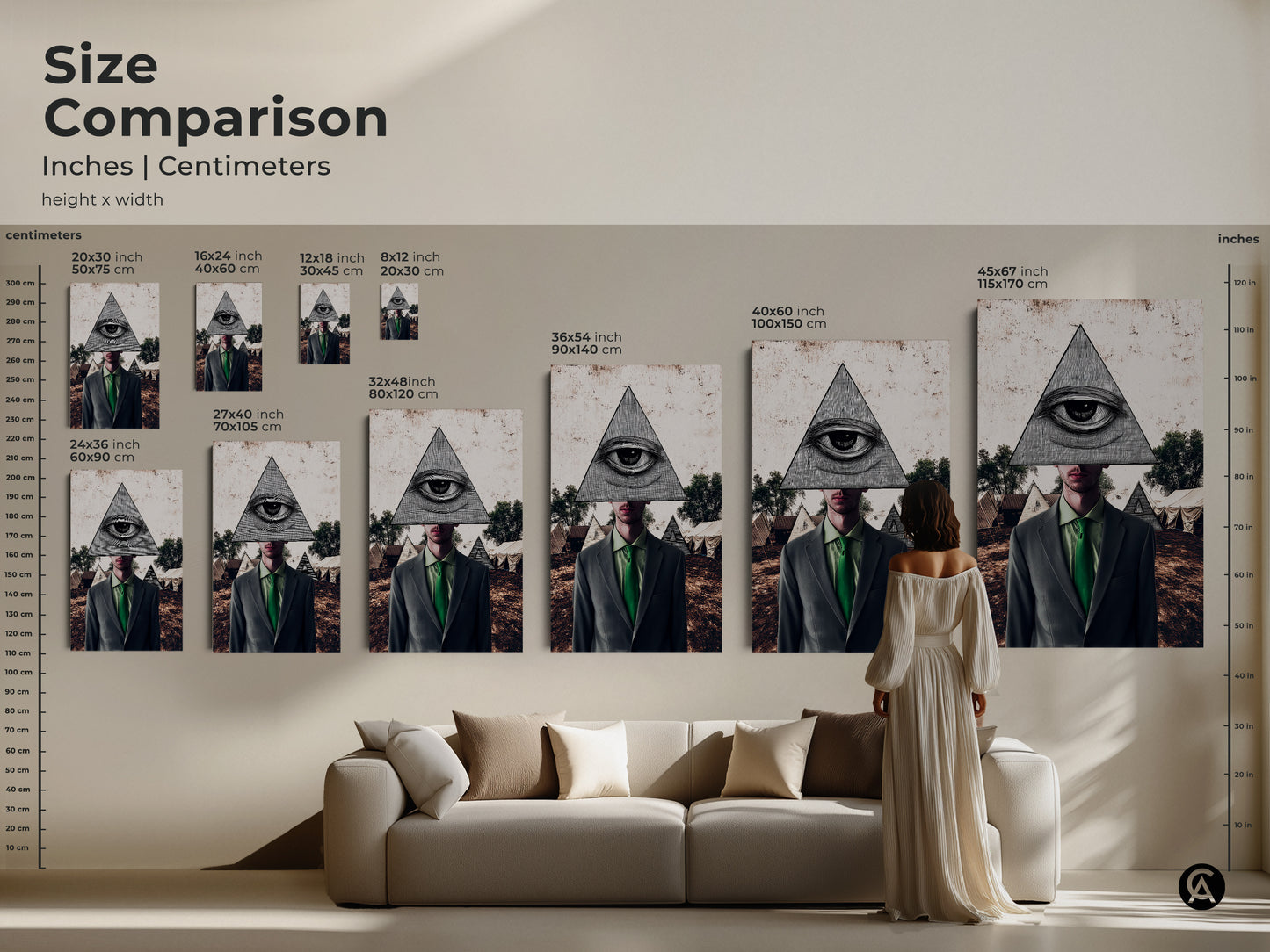 Size comparison for surrealist collage art prints. See how the Pyramid Man all-seeing eye artwork fits in a living room. Choose from various sizes for your green grey brown wall decor.