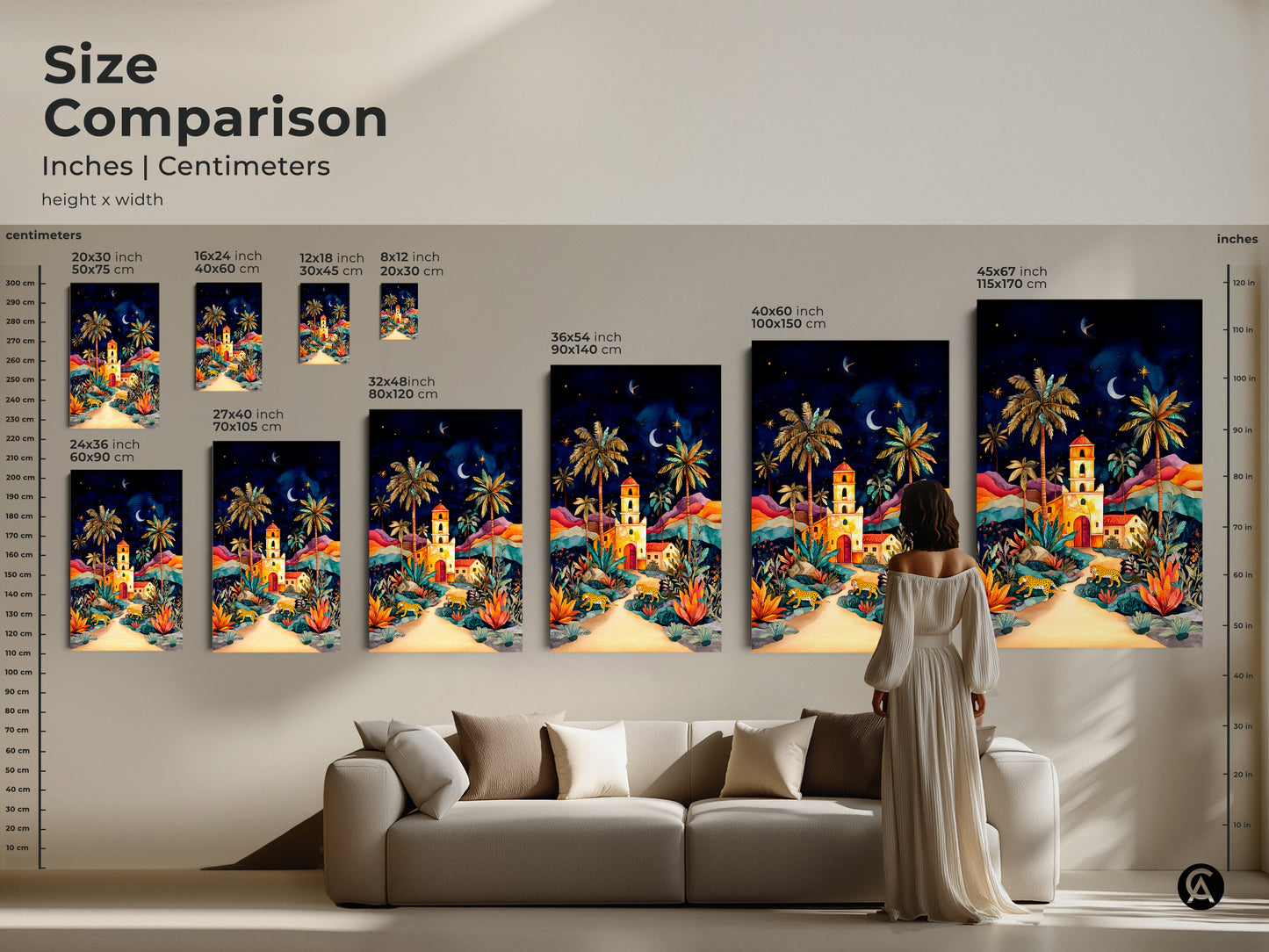 Size comparison showcasing various dimensions of the canvas prints. A woman is standing to show scale of this folklore night sky art print with cheetahs palm trees. See how this colorful landscape looks above a couch. Choose the perfect size for your boho home decor. A unique wall decor gift idea.