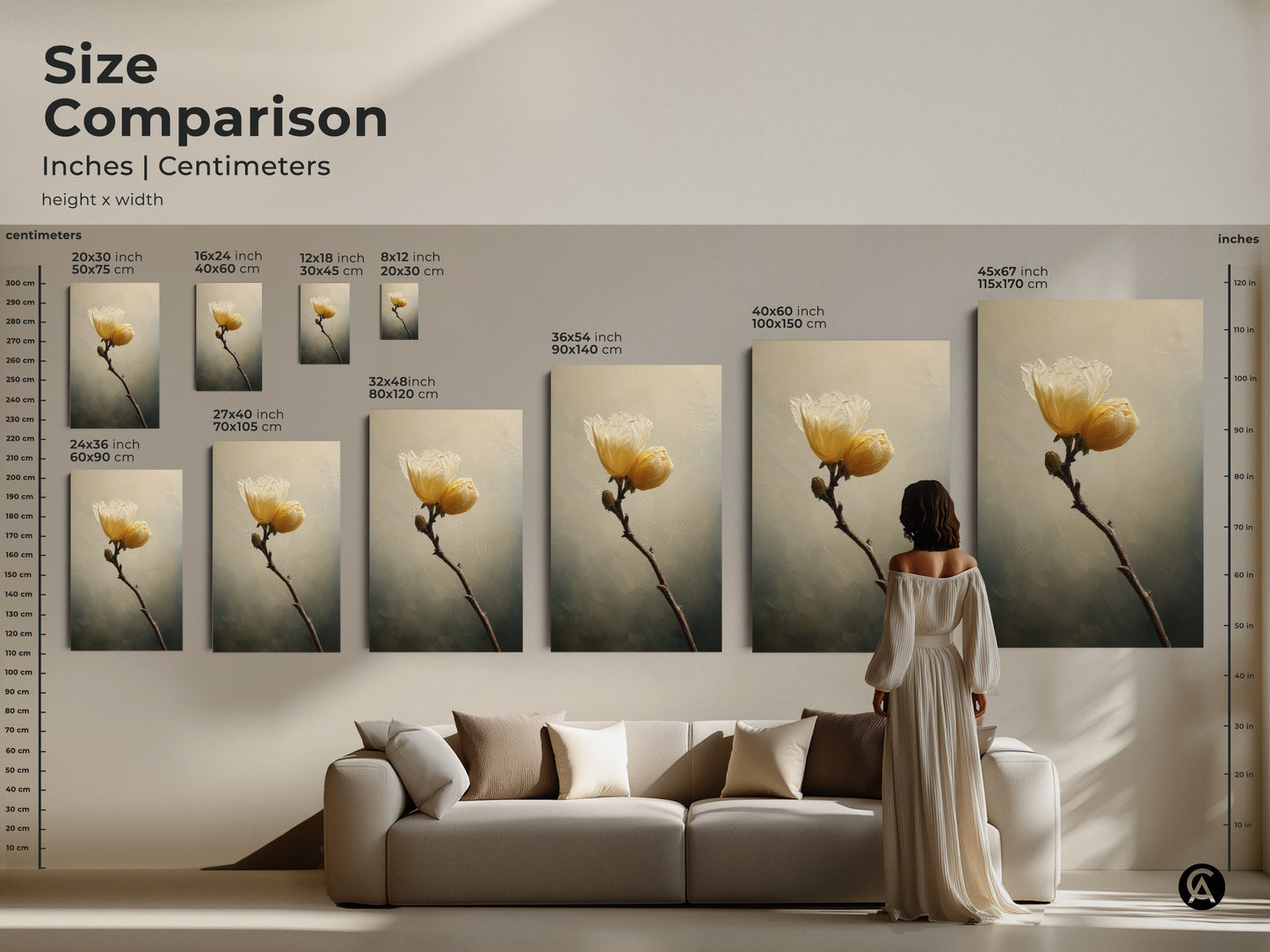 Size comparison of cream yellow flower canvas prints. See how the artwork scales from 20x30 cm to 45x67 inch. Perfect for adding a touch of modern farmhouse to your living room decor.