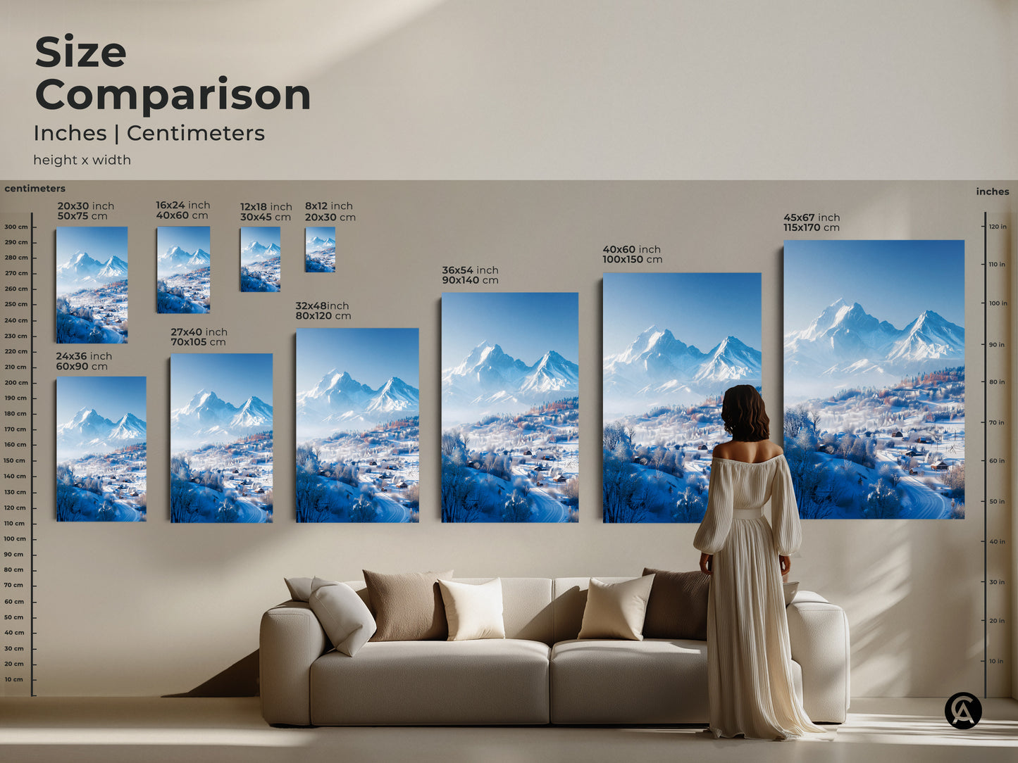 Size comparison of winter mountain art prints. See how each size fits above a couch. The canvas and poster artwork comes in various dimensions. Find the ideal piece to complement your living room decor.