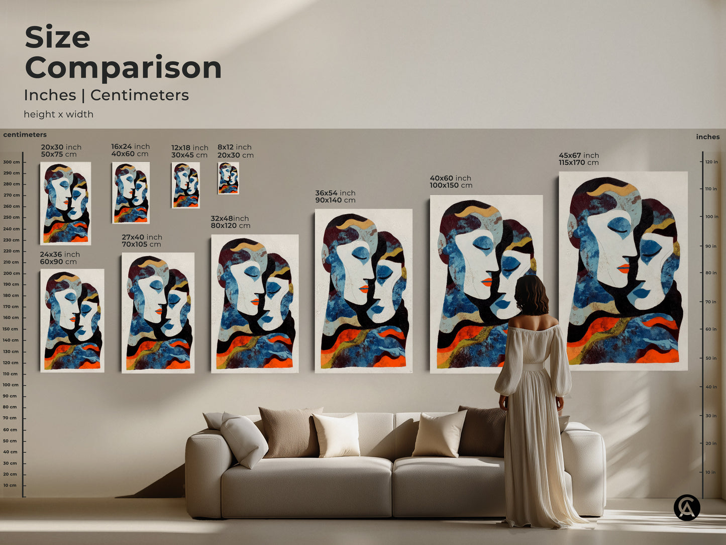 This modern abstract couple art is a visual delight with deep blue and orange tones. Ideal as an anniversary gift for partners. This figurative wall decor will enhance any eclectic bedroom setting.