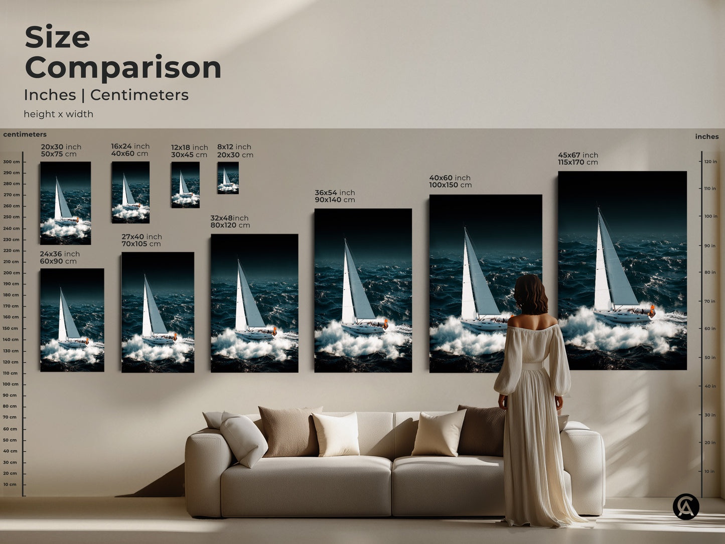 Size comparison showcases coastal sailboat artwork inches & centimeters. Various sizes enhance living room art for nautical ocean waves canvas. Perfect for living room decor for sailor & boat lover gift.