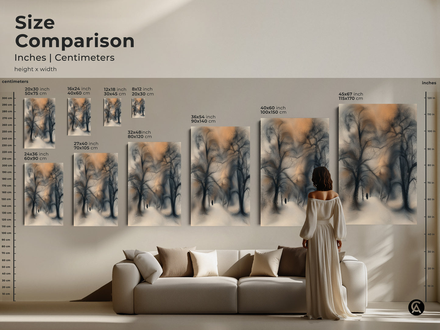 Size comparison of winter scene bedroom decor. View the nature landscape canvas in multiple dimensions. See how the solitary figure artwork enhances a living space. Perfect for adding a touch of contemporary nature to your home.