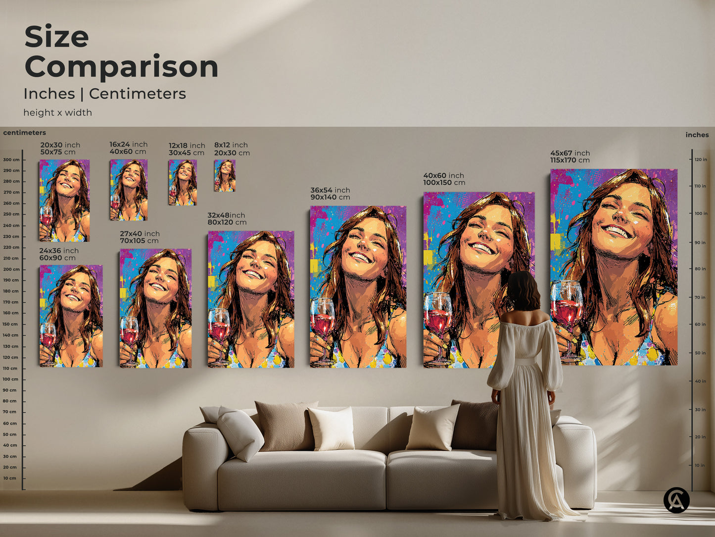 Size comparison of the woman with wine glass art print. See how different sizes fit above a couch. The pop art artwork is available in various dimensions. The canvas and poster options enhance colorful home decor. It is perfect for adding artistic expression and a fun vibe.