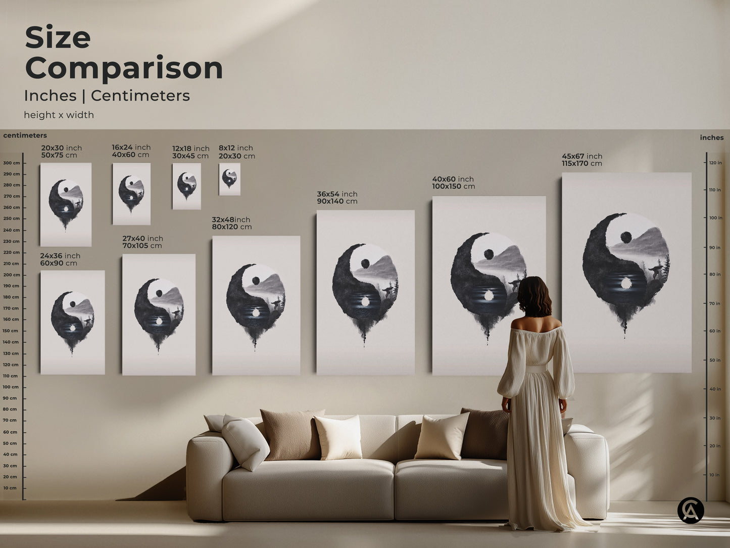 Size Comparison of Yin Yang Wolf art. See how different sizes fit over a couch. Inches and centimeters are shown. This minimalist black and white nature wall art is perfect for a modern space. Discover zen balance.