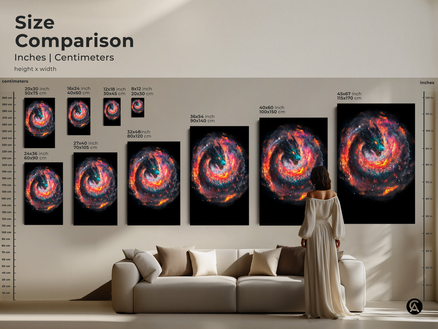 Size comparison of cosmic dragon art prints. A woman stands next to the artwork. Sizes range from small to large. Find the perfect size for your home decor. Perfect for dragon enthusiasts and fans of space art.