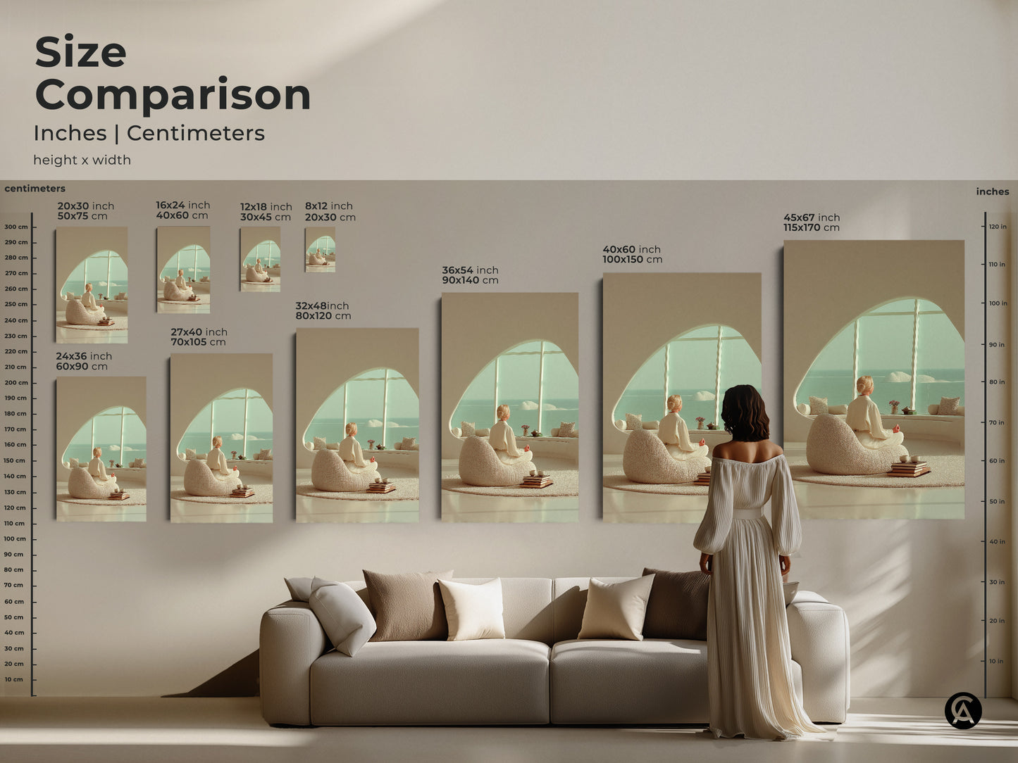 Size Comparison of Minimalist Meditation Artwork. See the zen yoga wall art canvas in various sizes. Visualize how it enhances your scandinavian neutral wall art. Find the ideal size today.