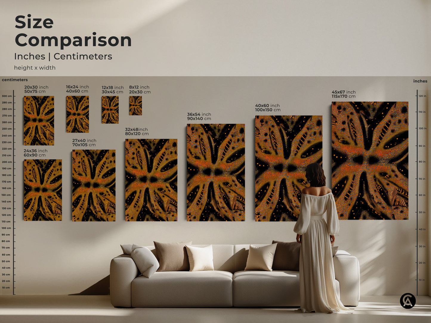 This size comparison displays goldenrod and black abstract art in inches and centimeters. It ranges in sizes to fit any space. It is a textured dotted abstract art. It's perfect for adding modern style to any space.