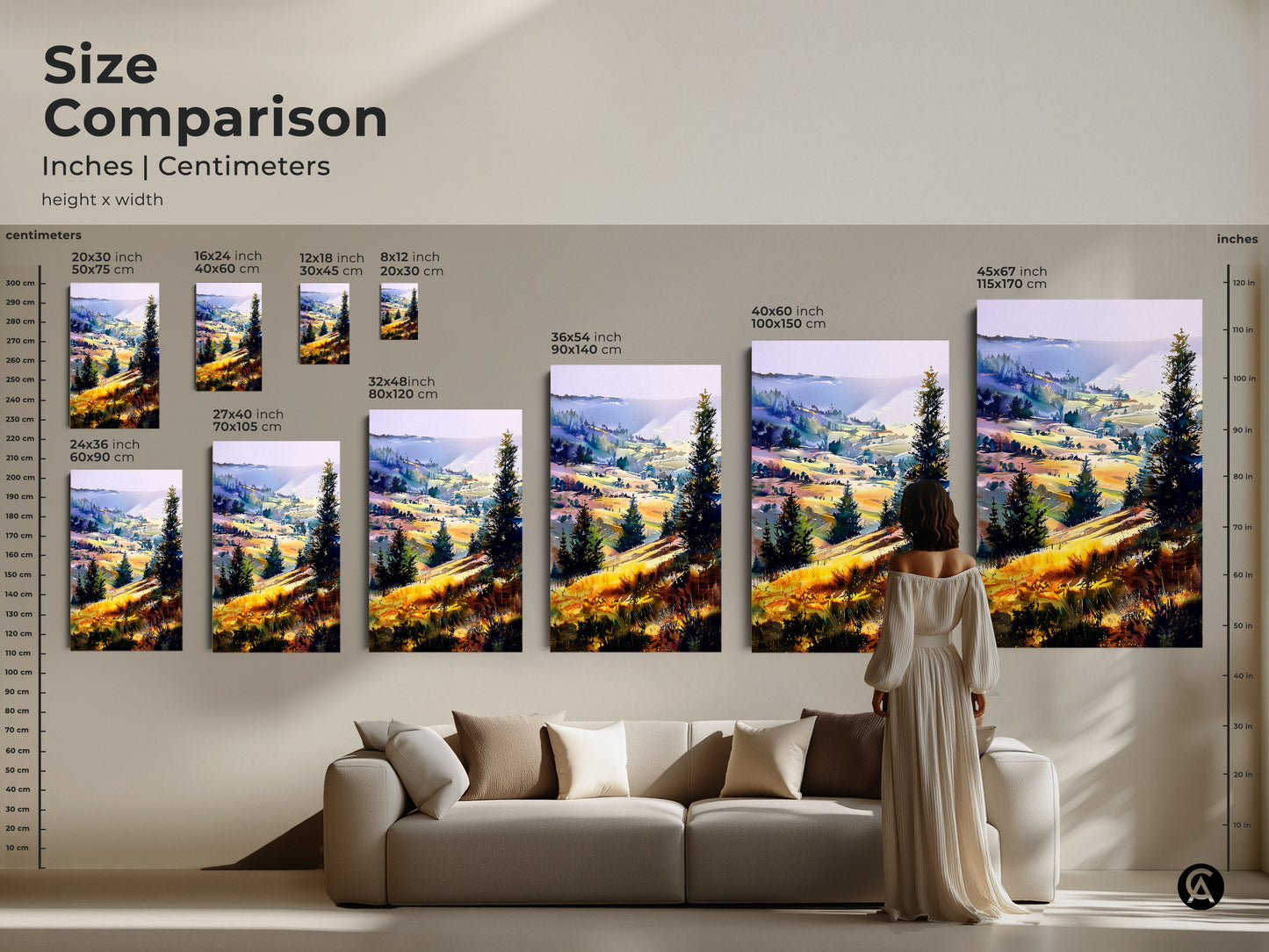 Size comparison of boho landscape canvas prints. Various sizes are displayed above a couch to help visualize scale. The impressionistic hills and trees artwork can transform your living room decor.