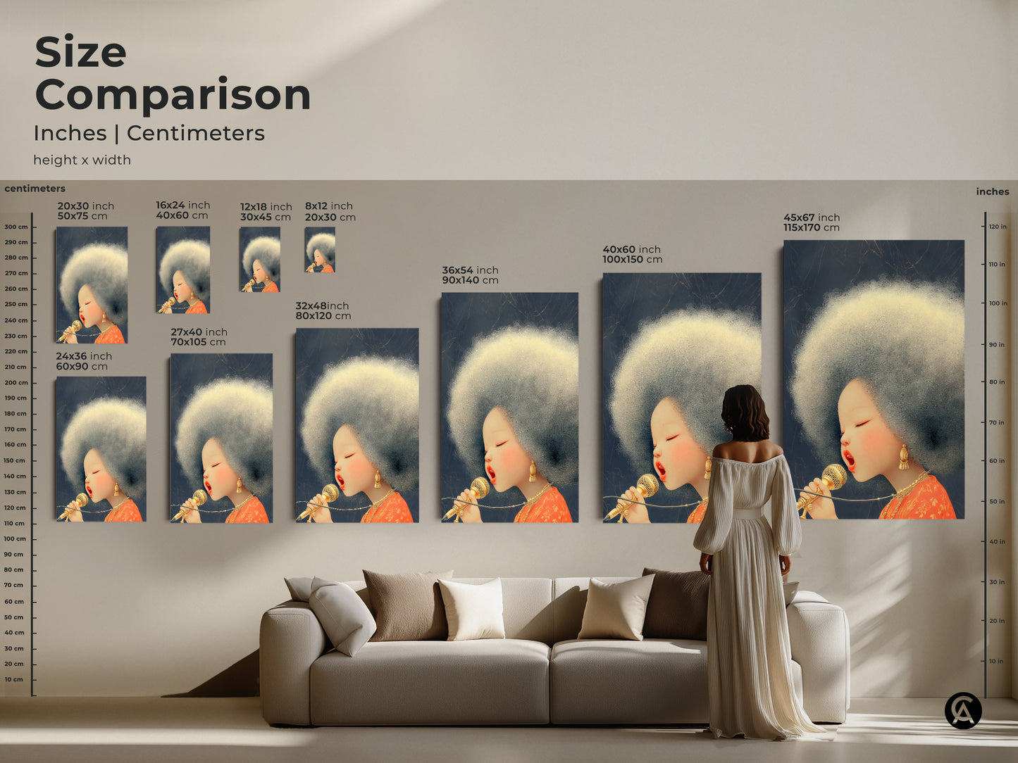 Compare the sizes of our Afro Singer artwork. See how this eclectic music decor fits in various spaces. Visualise the 20x30 inch to 45x67 inch options. Perfect for adding a retro touch to your bedroom or living room.