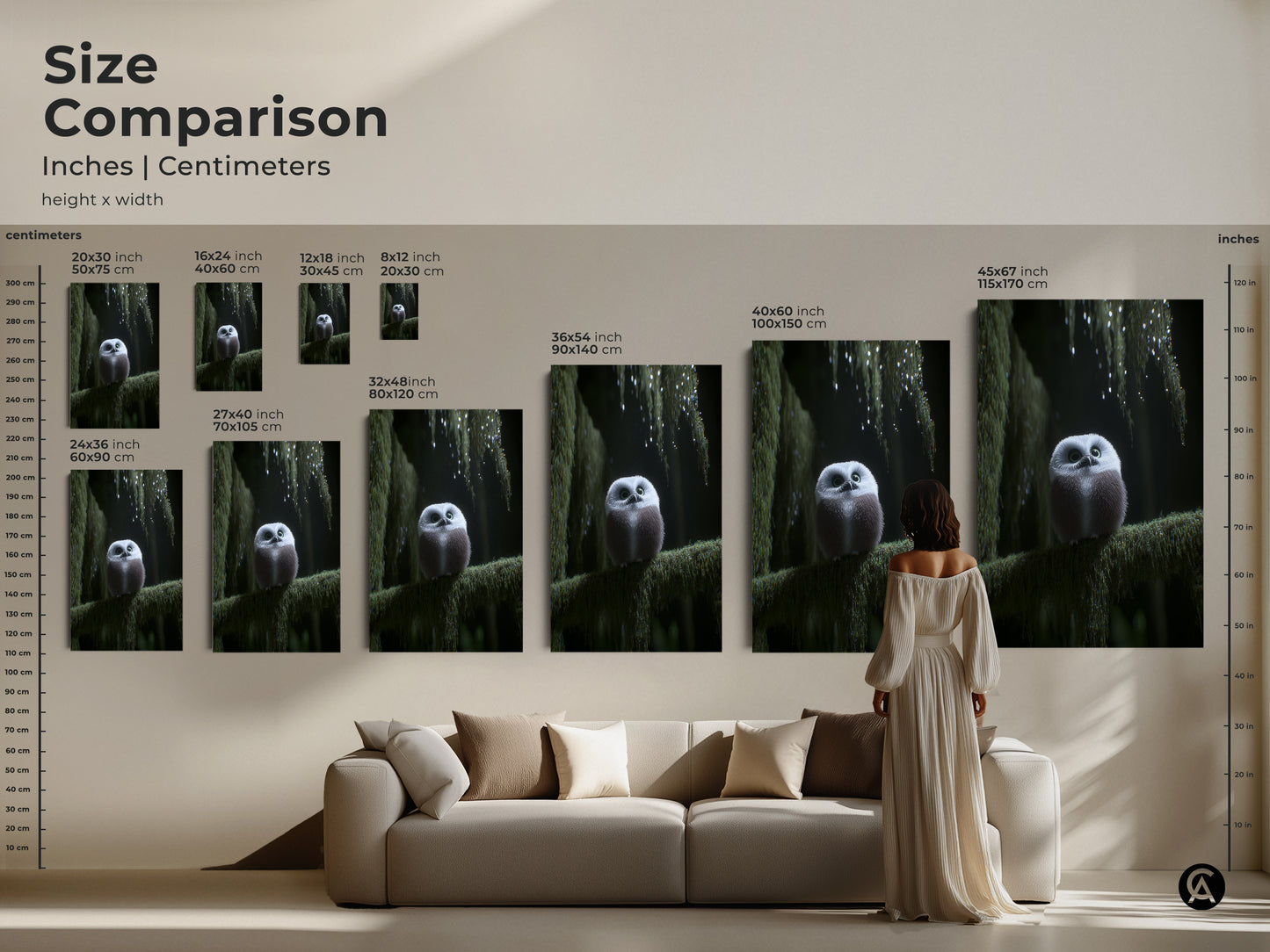 Size comparison of the cute forest owl art print in various dimensions. See how this artwork fits in a living room setting. Perfect as woodland nursery decor or boho forest art. A nature lover gift idea to add a touch of enchantment to your home. Ideal as cozy bedroom art