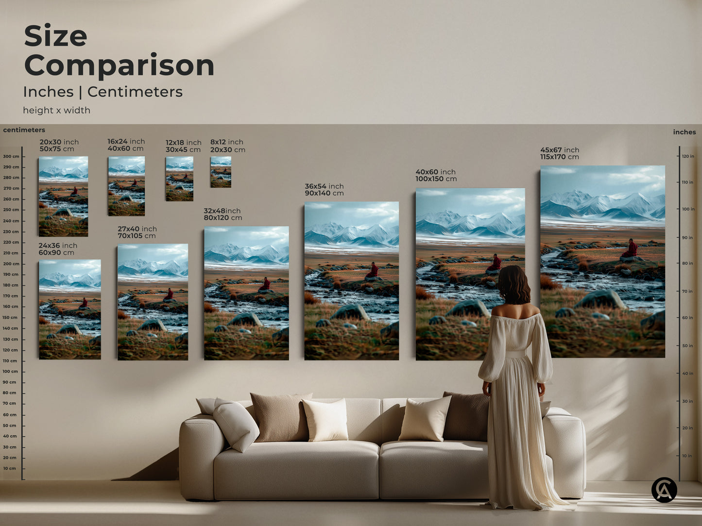 Size comparison of landscape artwork in inches and centimeters. The artwork features a monk meditating by a stream. Multiple sizes are displayed above a couch for scale. Find the perfect fit for your home.