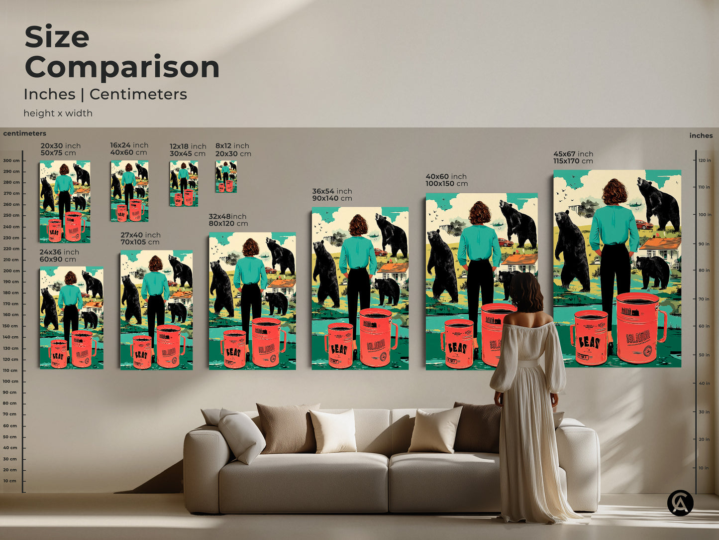 Size comparison of surreal bear and coffee mug art prints. See how different sizes fit above a couch. Compare inches and centimeters for canvas and posters. This retro-style teal and orange wall decor will make a unique housewarming gift for coffee lovers.