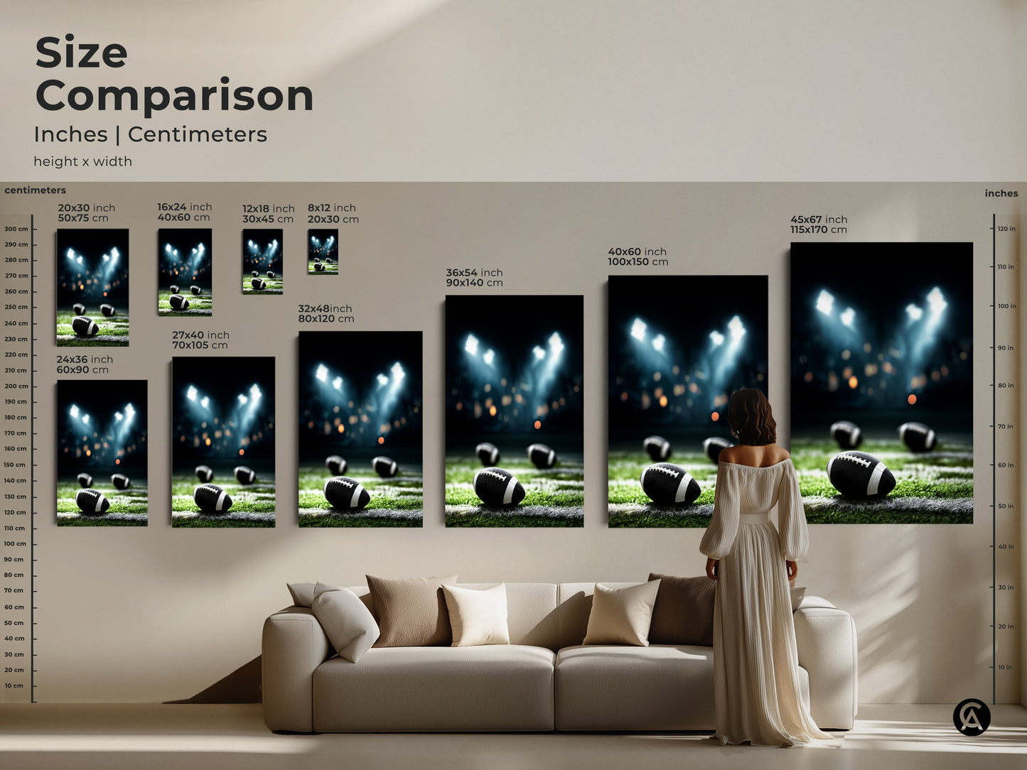 Size Comparison of American Football Canvas Print. See how the art fits in different room sizes. Available in various dimensions to suit your decor needs. Perfect for man caves sports bars and home gyms. Choose the ideal size for your space. Enhance your home with this realistic stadium lights artwork. This sports decor is a great gift for football enthusiasts.