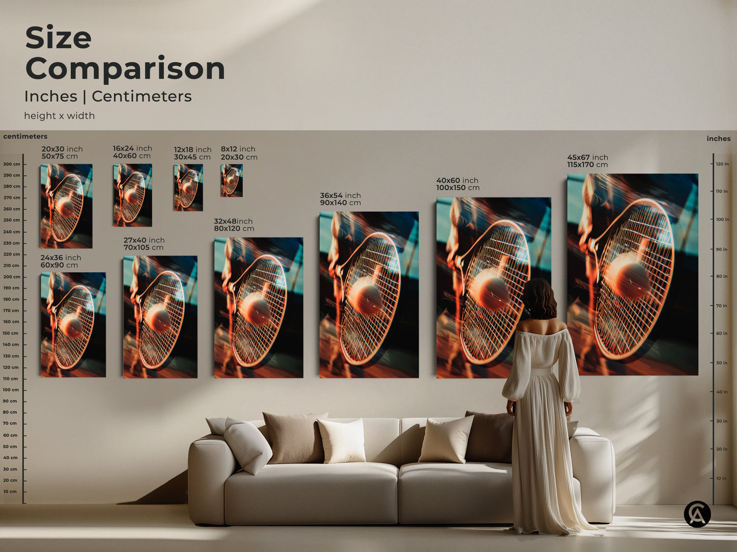 Size comparison for tennis racket and ball art prints. See how different sizes look above a couch. Visualize the perfect canvas or poster size for your space with this comparison guide.