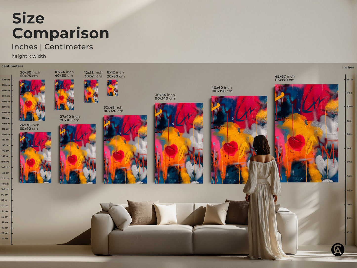 Size Comparison of Graffiti Heart Art. See how the artwork transforms different spaces. Visualize various sizes from small prints to large canvases. Find the perfect scale for your home with our size comparison guide today.