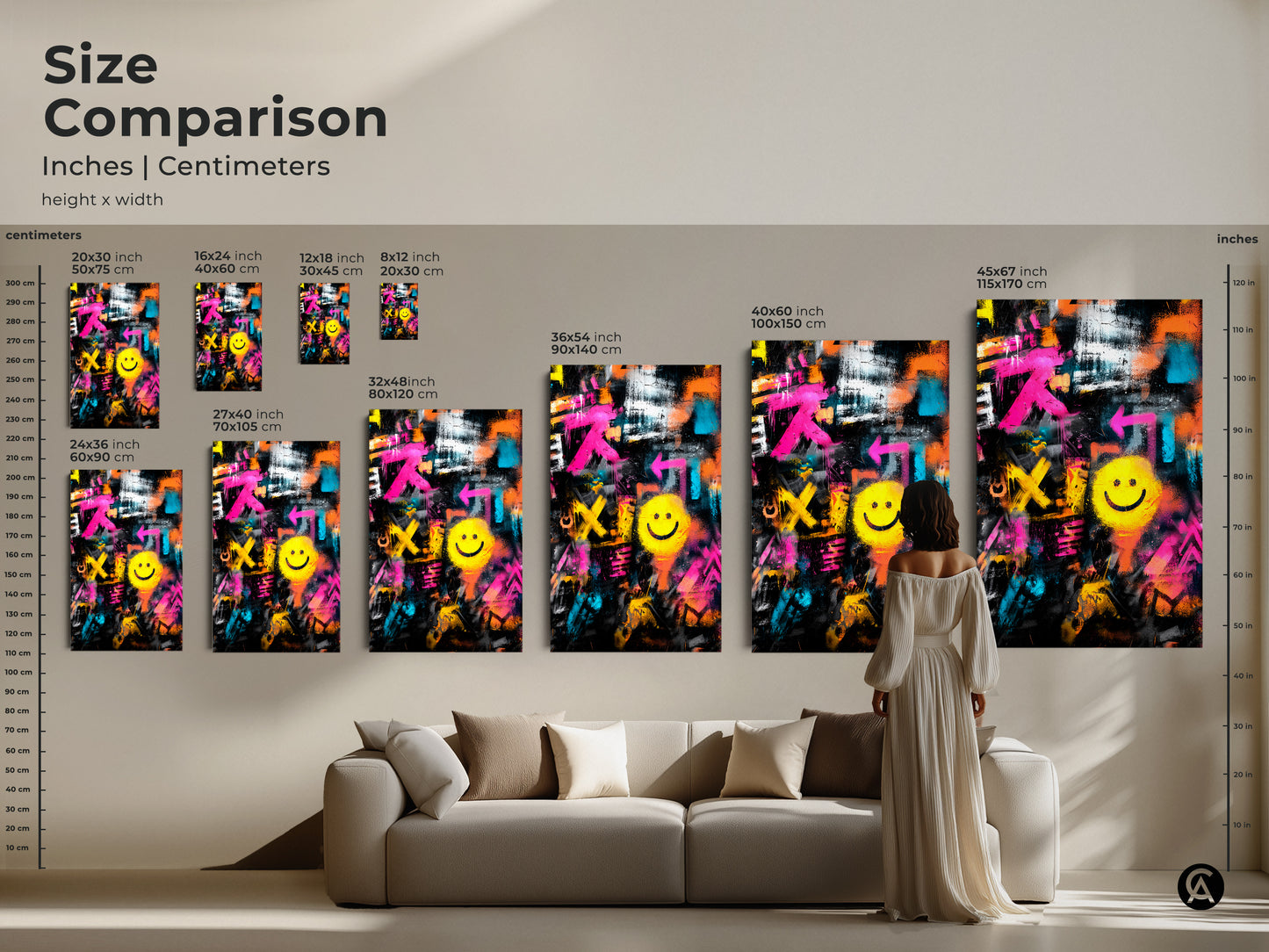 Size comparison of graffiti art prints. See how different sizes fit above a sofa. Artwork sizes range from small to large. This visual guide helps you select the ideal size for your wall decor needs.