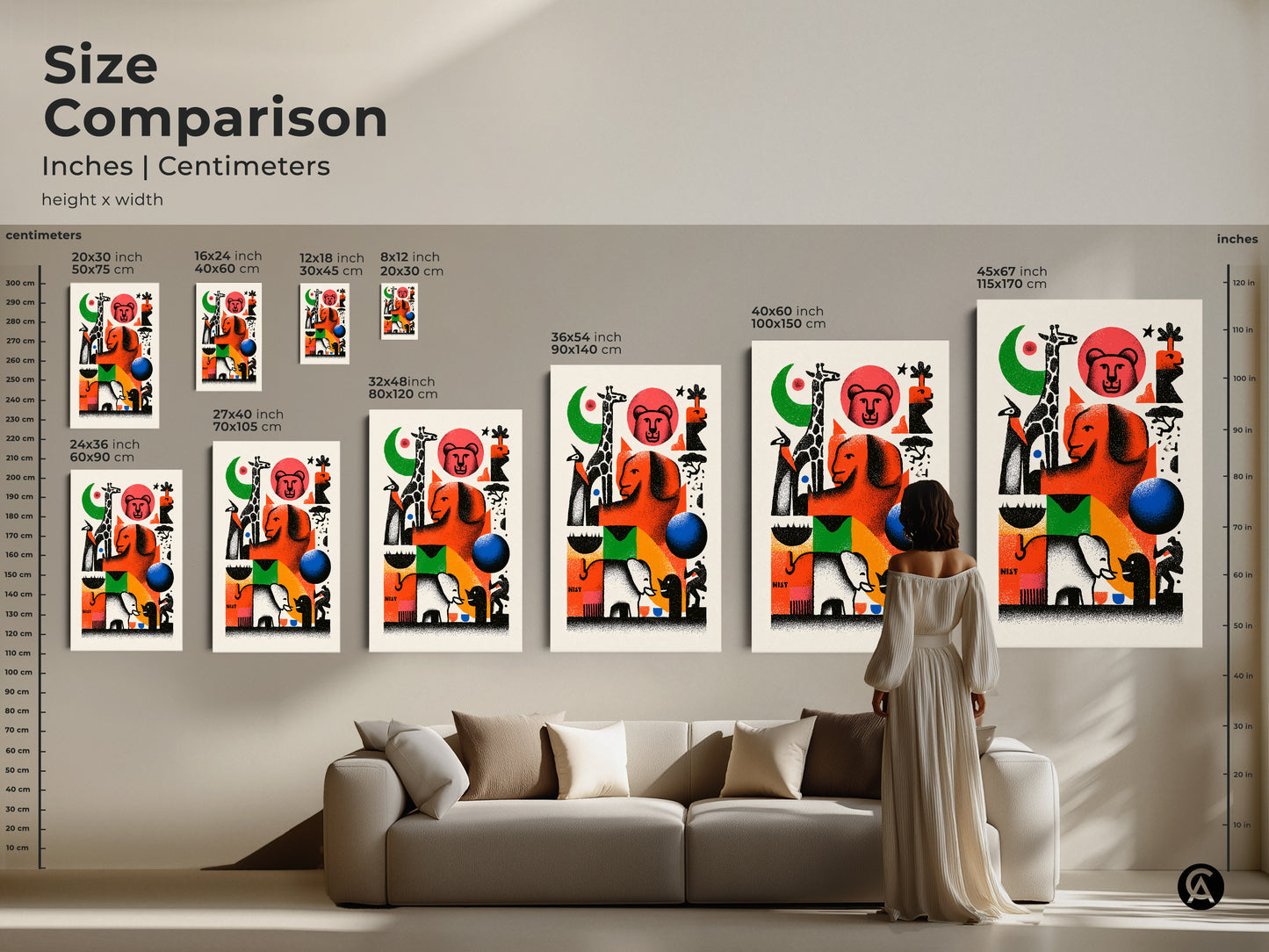 Size comparison of Abstract Animal Artwork. Available in various sizes from 8x12 inches to 45x67 inches. See how this retro mid-century modern canvas fits above a sofa. This eclectic giraffe and elephant art is perfect for adding a pop of color to your living room. It's a unique abstract artwork.