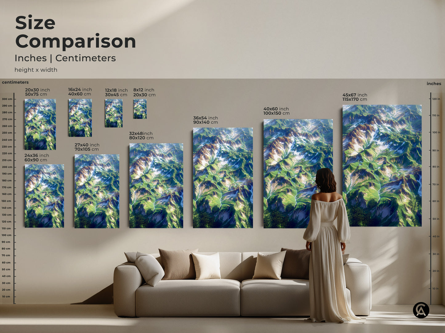 Size comparison of aerial mountain landscape art prints. See how different sizes fit in your space. Sizes range from small to large. Choose the perfect size to complement your decor. Available in both inches and centimeters. Transform your home with nature-inspired art.