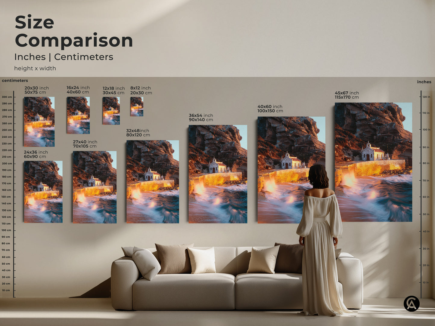 Size comparison displays coastal chapel art prints in inches and centimeters for precise planning. Different sizes showcase dramatic ocean waves and warm earth tones against a neutral sofa. Perfect traveler gift or housewarming art for entry hall wall decor.