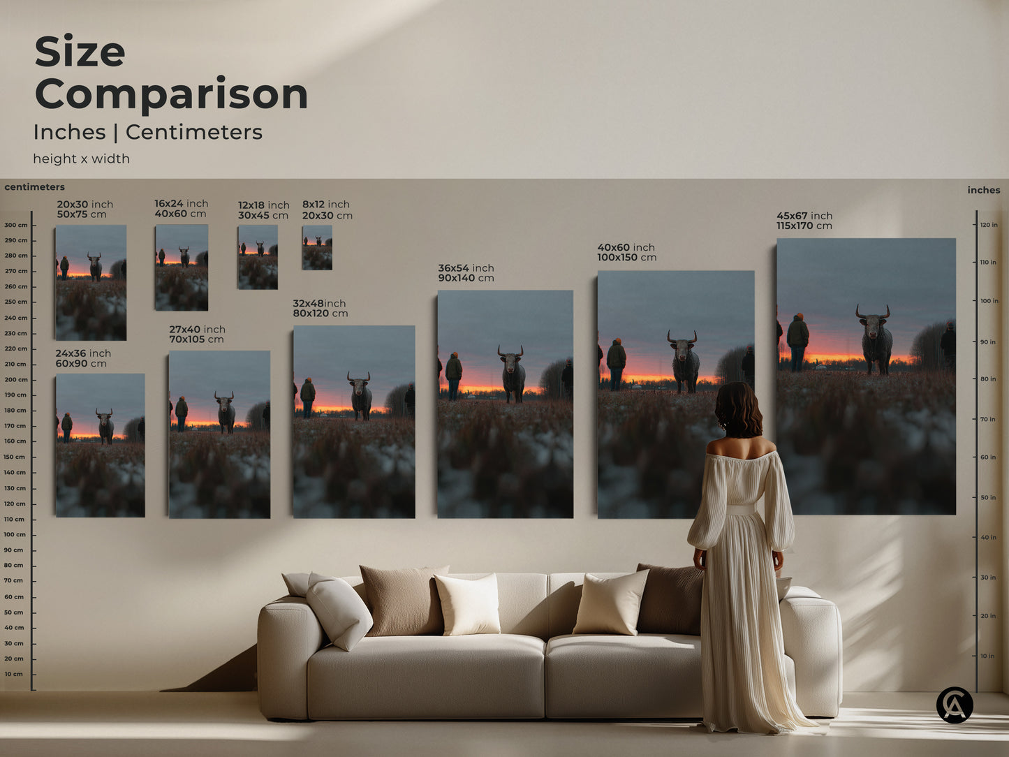 Size comparison of rustic bull sunset prints in inches and centimeters. See how the artwork fits above a sofa. Sizes range from 20x30 inch to 115x170 cm. This farmhouse wall decor is perfect for any living space. The animal landscape wall art adds a touch of nature