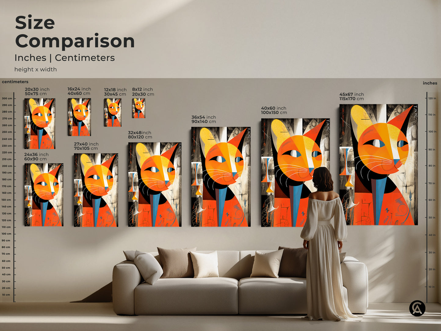 Size comparison of abstract cat artwork in inches and centimeters. Visualize how the orange and yellow cubist feline print complements your room. Perfect wall decor for cat lovers and modern art enthusiasts alike.