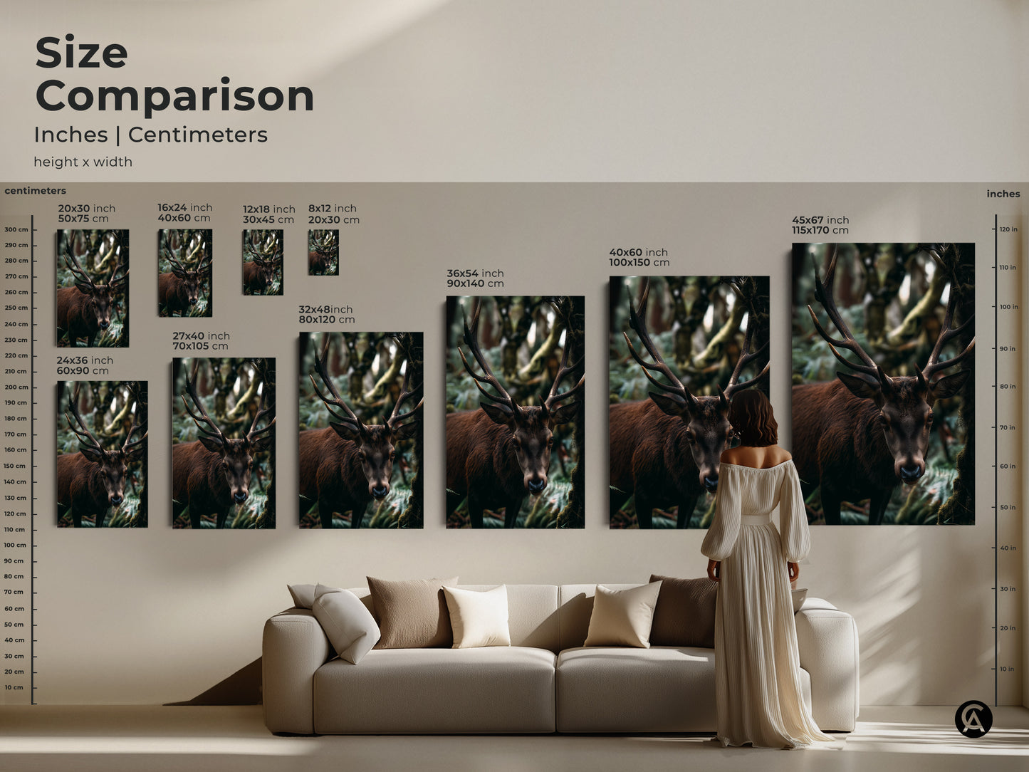 Compare sizes of our forest deer canvas art. This size comparison guide shows how the artwork fits above furniture. It offers options for 20x30 inch to 45x67 inch prints. Select the ideal scale for your rustic wildlife photography. Transform your home with natural decor today.