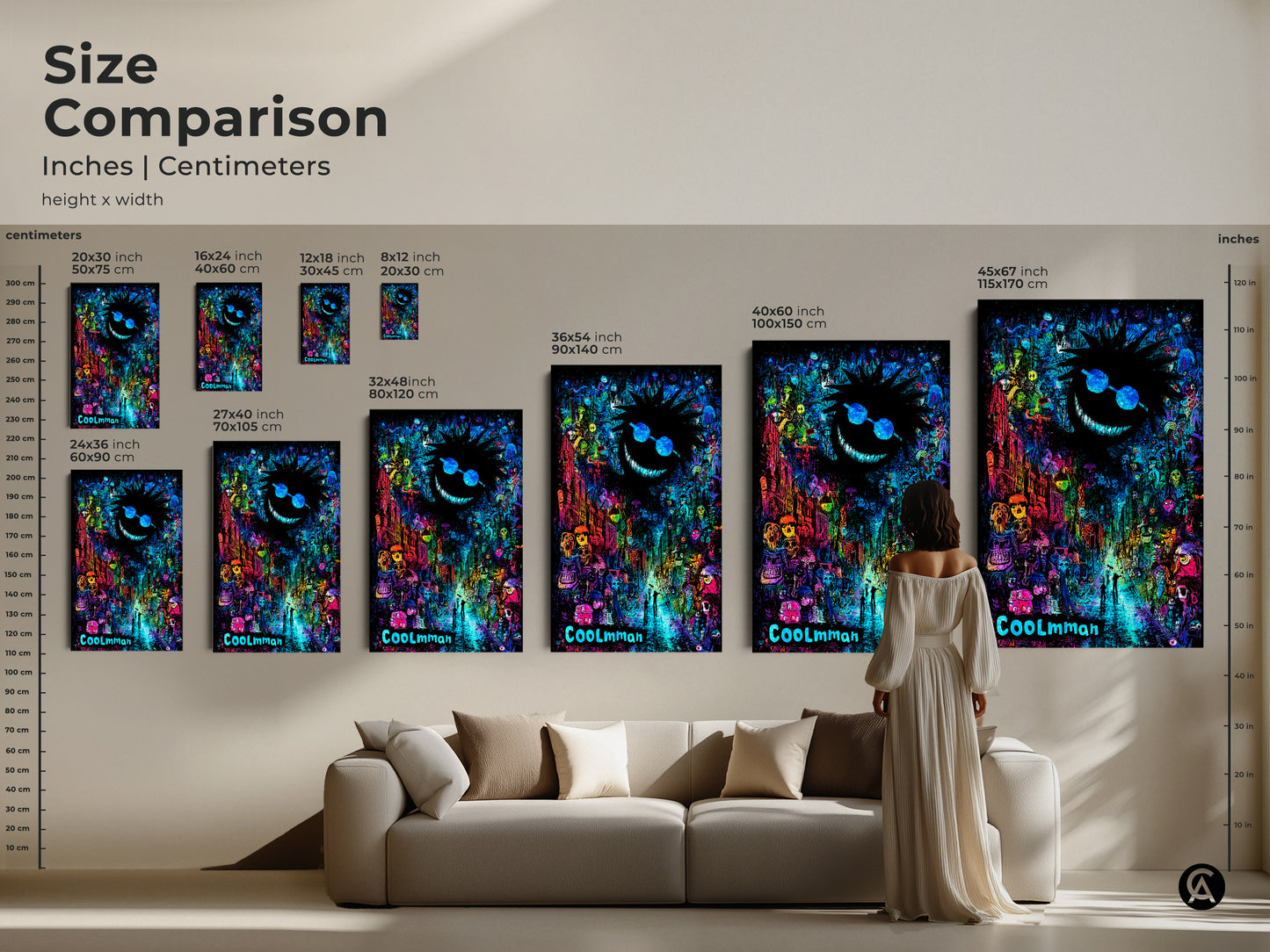 Size comparison of COOLmman artwork. See how the art scales from 8x12 to 45x67 inches. The art features a grinning face with sunglasses looming over a psychedelic street scene. Available as canvas or poster.