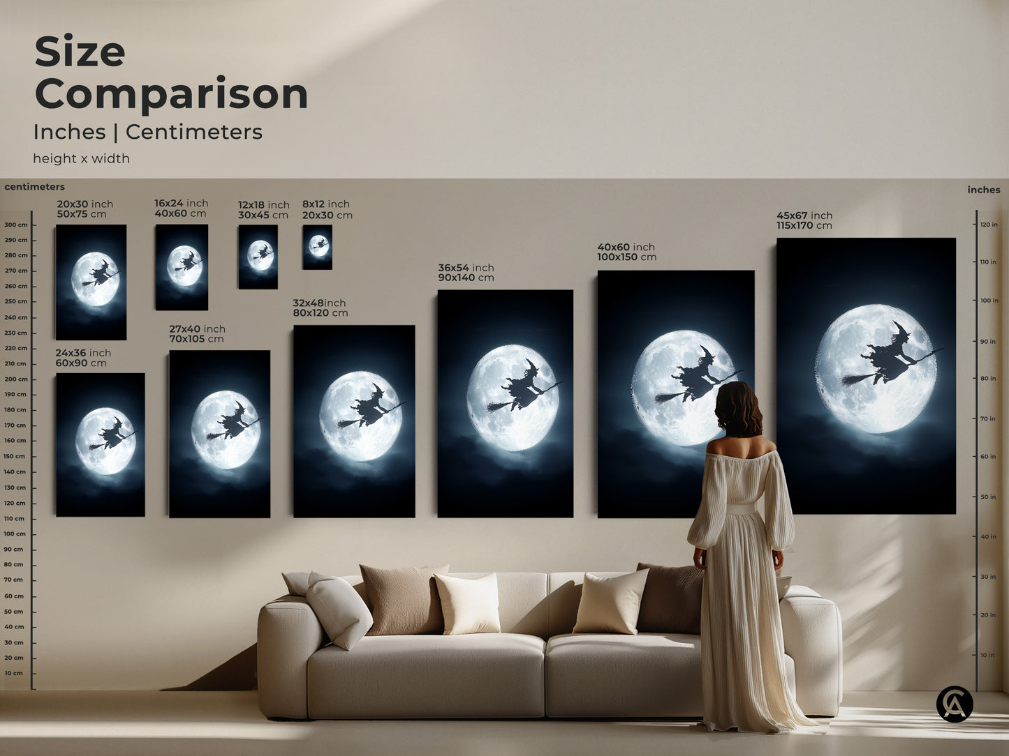 Size comparison of gothic Halloween fantasy art prints. A witch on a broomstick silhouetted against a full moon artwork is available in multiple sizes. Perfect as gothic bedroom art or Halloween home decor.