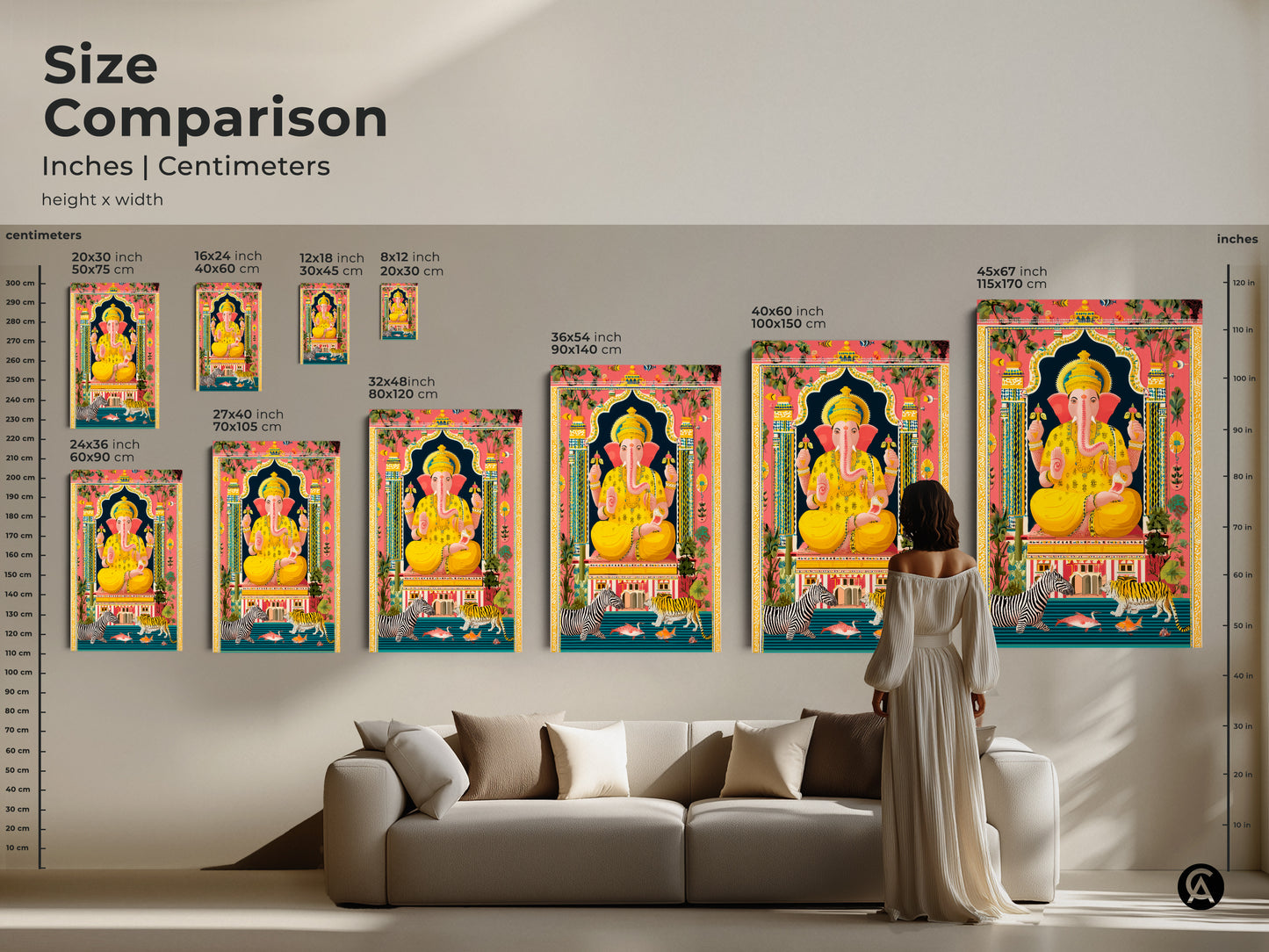 Size comparison for Spiritual Ganesha Wall Art. See the inches and centimeters for each height and width. There's canvas and poster options to decorate your space with spiritual art. Find the perfect fit for your home decor