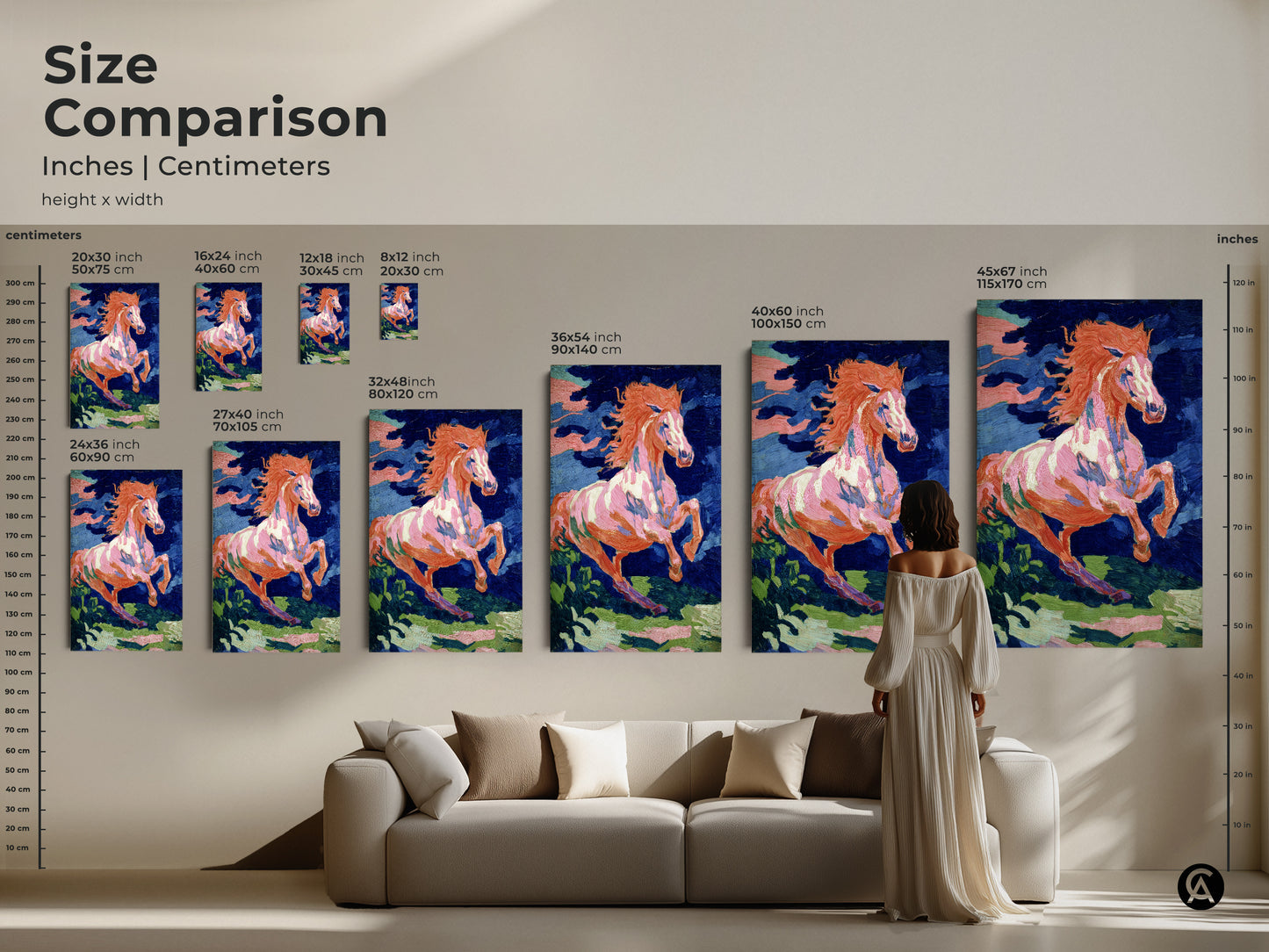 Size comparison of expressive horse prints in inches and centimeters. See how the artwork fits above a couch. Perfect for eclectic home decor. Choose the ideal size for your animal print for living room or bedroom.