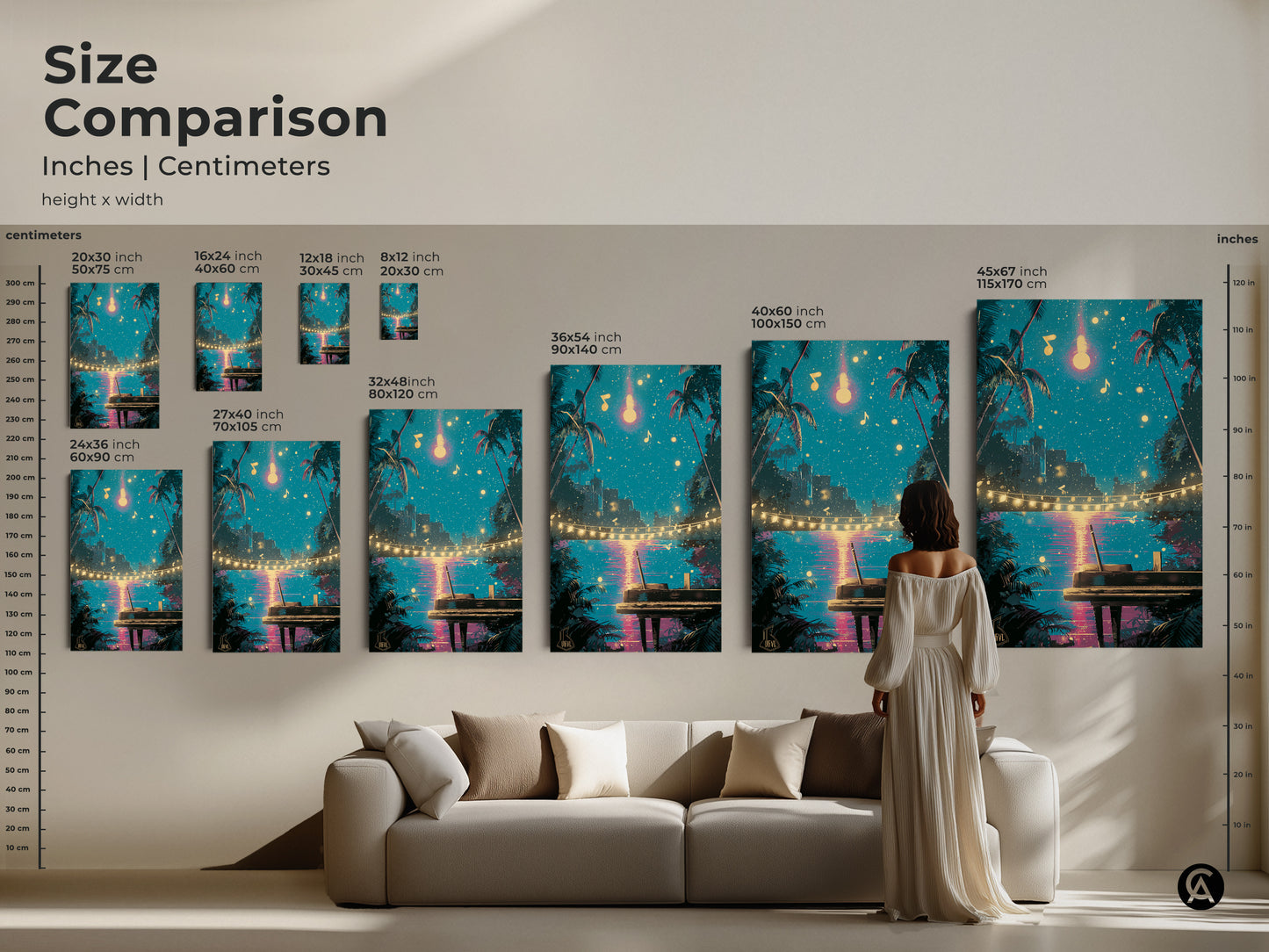 Compare sizes of retro piano wall art in inches and centimeters. See how different sizes look above a sofa. Choose from various dimensions to suit your space. Add a touch of synthwave to your decor. Perfect for eclectic bedroom decor or a musician gift