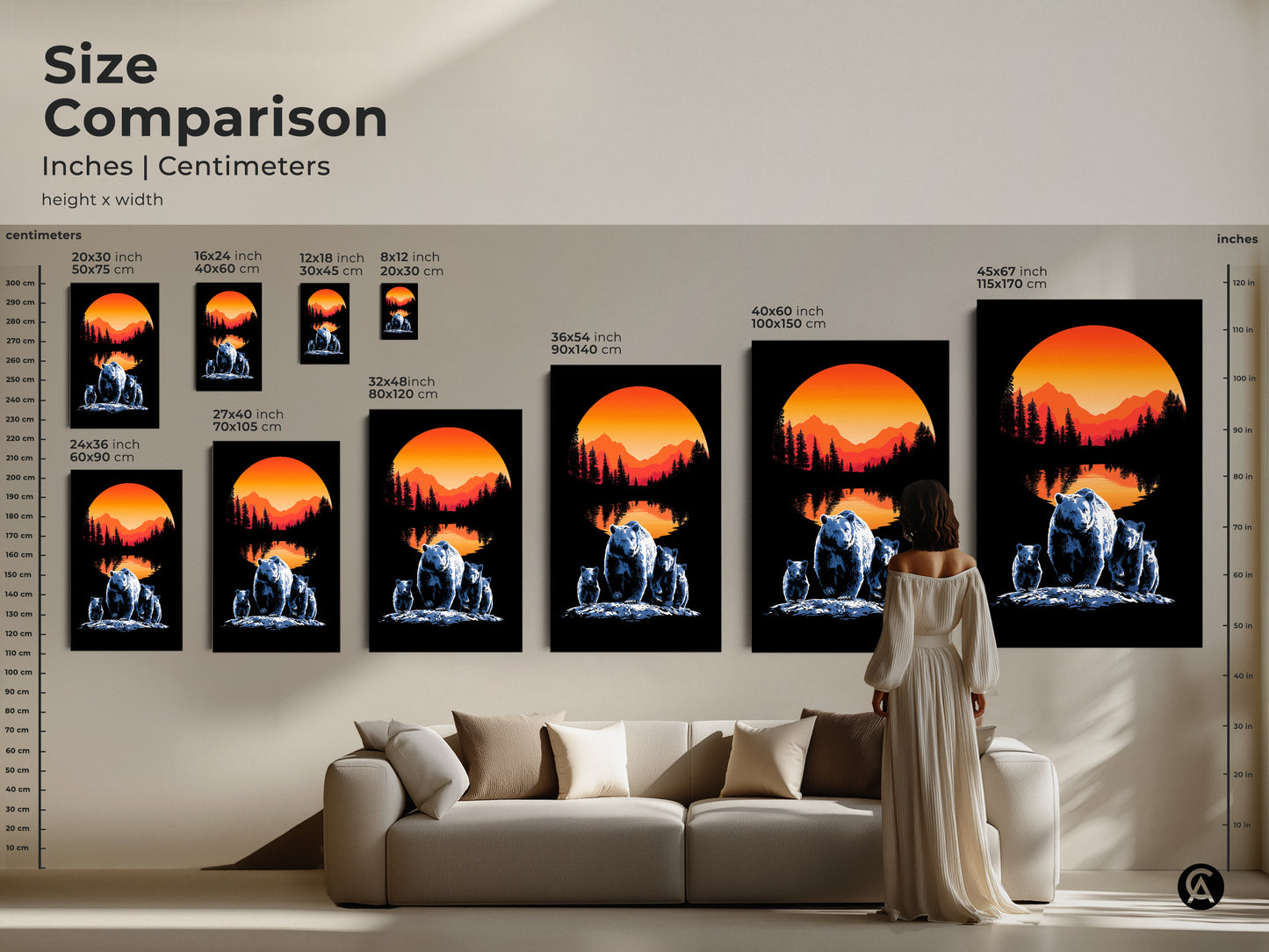 Size comparison of minimalist bear family art in inches and centimeters. Various sizes available from small to extra large. This mountain sunset landscape art transforms any space with a touch of nature. A perfect large wall art animals.