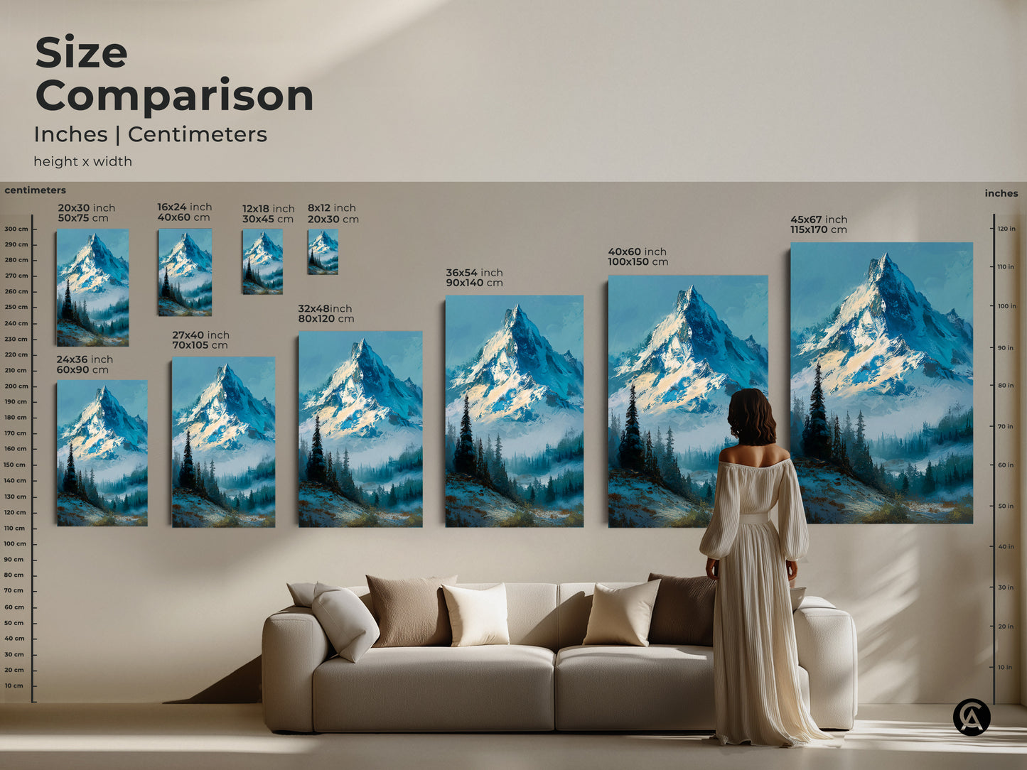 Size comparison of mountain artwork in inches and centimeters. See how different sizes fit above a sofa. Options range from small to large. Choose the ideal size for your living room. Enhance your home with breathtaking mountain landscape art today.