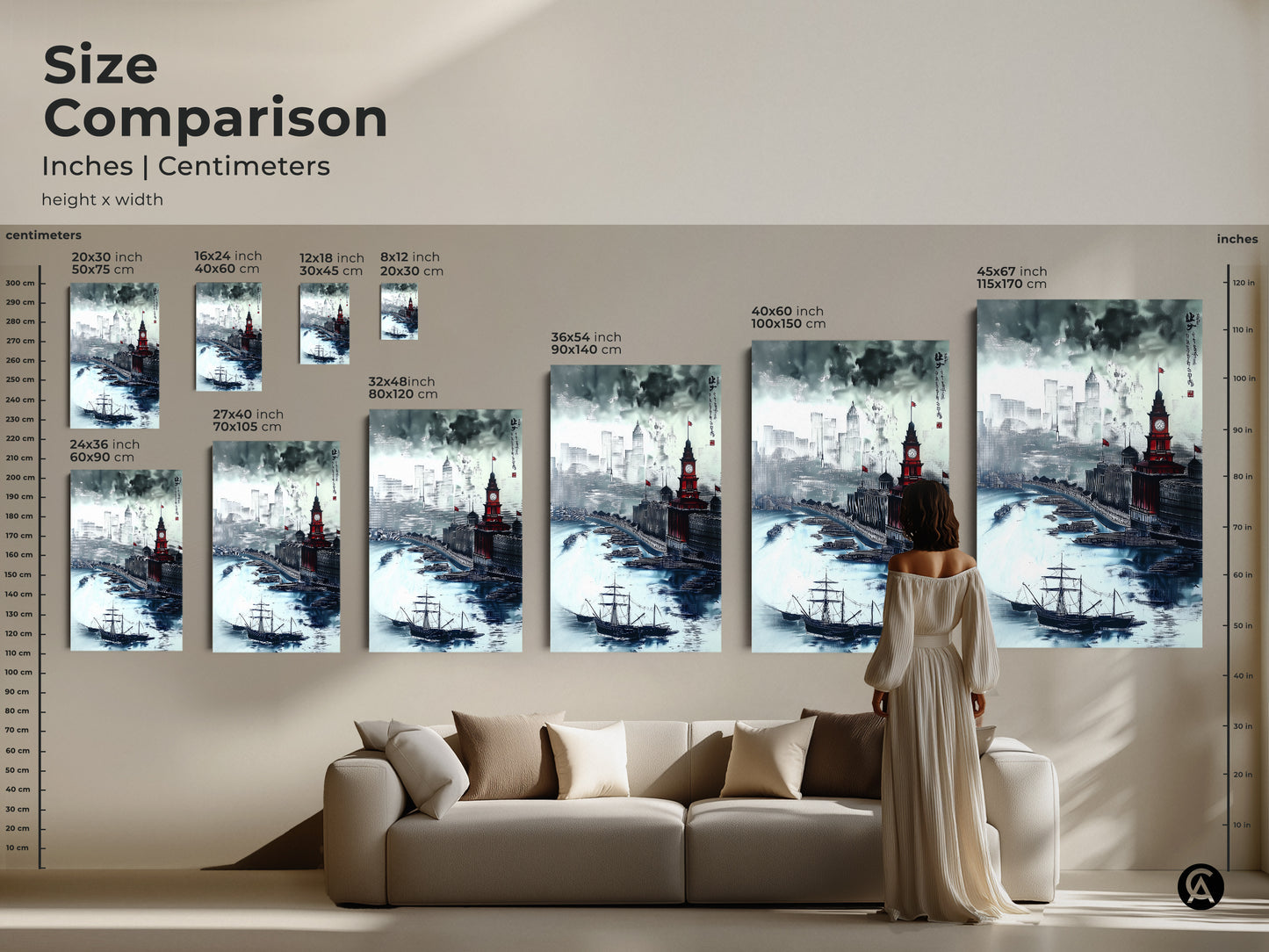 Size comparison of ink wash cityscape art prints. See how sizes in inches and centimeters look above a sofa. Compare the scale of maritime architecture art with a clock tower. Choose the right size for your nautical wall art needs.