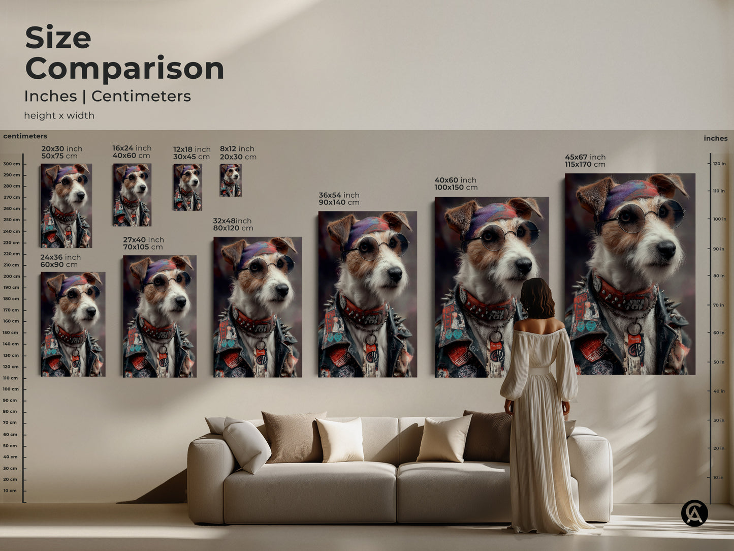 A size comparison of cool dog art prints in inches and centimeters. The punk Jack Russell Terrier artwork is showcased in different sizes. This is the perfect wall art for any space. It will bring a rebellious edge to eclectic homes. Ideal for man caves