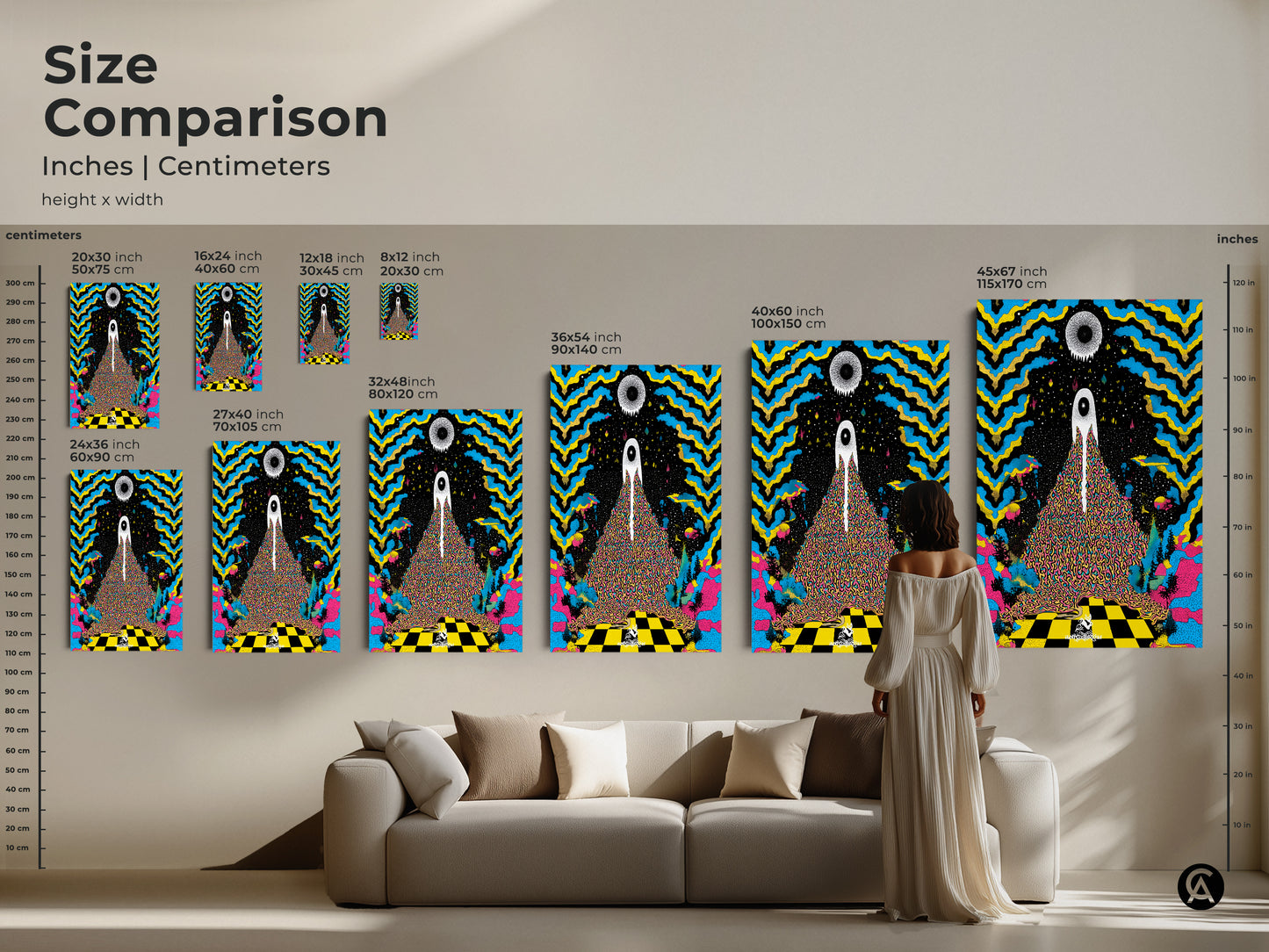 A size comparison shows inches and centimeters of the surreal eye canvas artwork. This psychedelic print transforms any room. The abstract art makes a statement above a couch. Find trippy wall decor that fits any space.