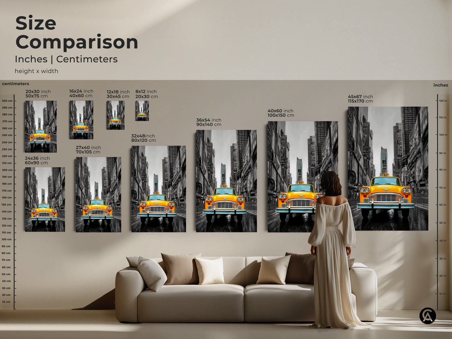 Size comparison of NYC yellow taxi artwork. A range of sizes are available in inches and centimeters. From compact to large scale. Find the ideal fit for your home or office decor. Elevate your space with stunning city street photography.