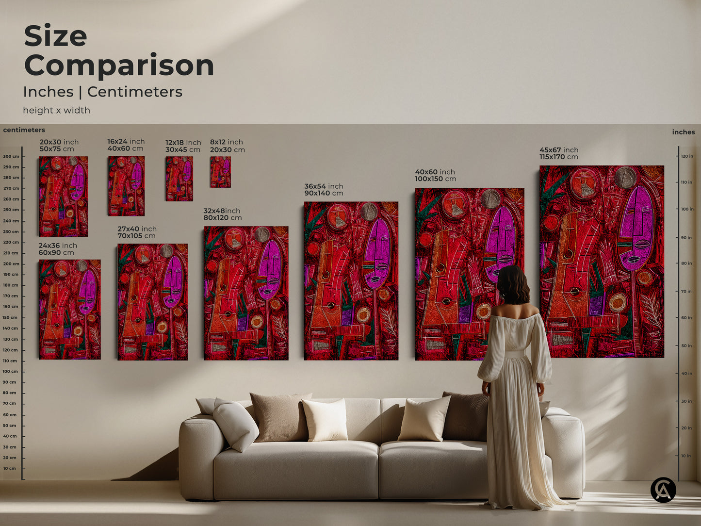 Size comparison showcases abstract art canvas prints in a living room setting. Inches and centimeters are included to show size differences. Visualize the impact of art with this size comparison tool.
