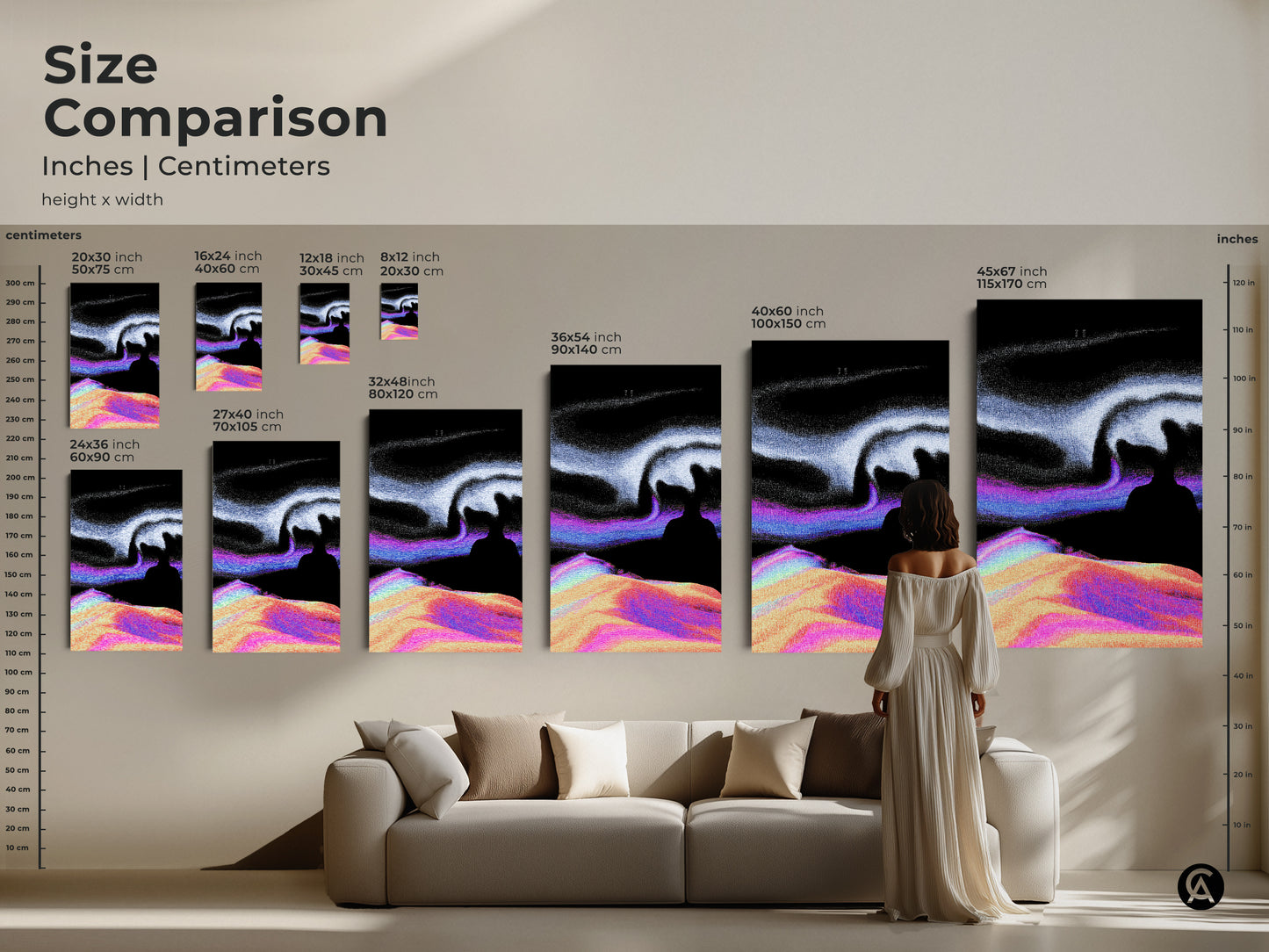 Size comparison of abstract glitch art prints. Options include canvas and poster prints in various sizes. The surreal landscape and vaporwave digital artwork create a modern look. Find the perfect size for your bedroom wall decor or as a unique wall hanging for your living room.