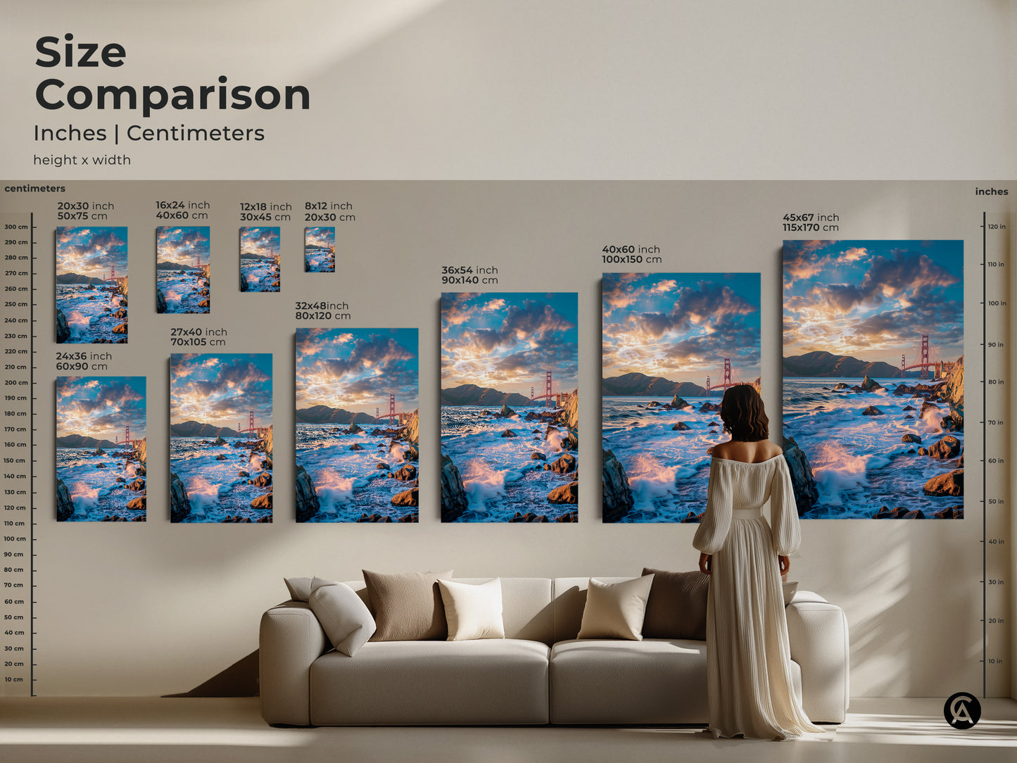 Size comparison of Golden Gate Bridge art in inches and centimeters. This teal and orange ocean waves artwork is shown in various sizes. It is ideal for adding a contemporary touch to any living room decor.