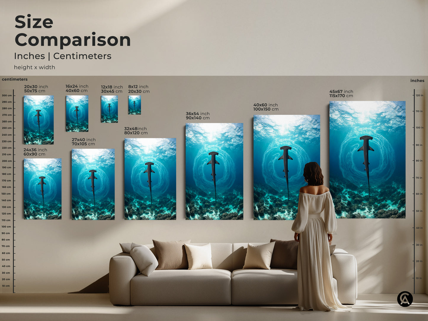A size comparison shows hammerhead shark artwork in various dimensions in inches and centimeters. This marine life art is perfect for creating a focal point in any room. From small prints to large canvases these pieces cater to diverse decorating needs. They are great gifts for ocean lovers.