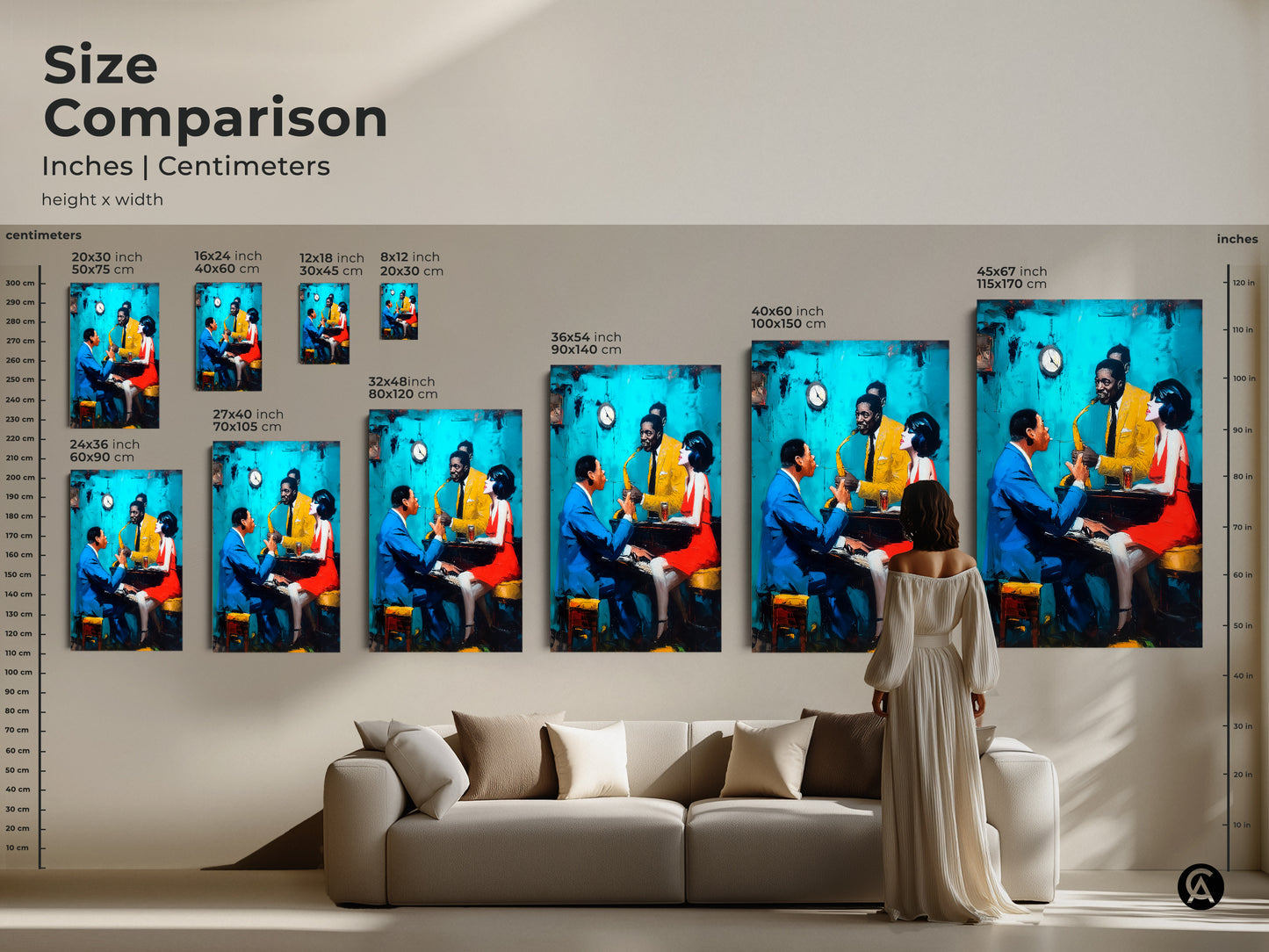 Compare sizes of this vibrant jazz club artwork. See how different dimensions fit with furniture. The artwork features a pianist a saxophonist and a woman. Available in inches and centimeters this size comparison helps you choose the perfect piece.