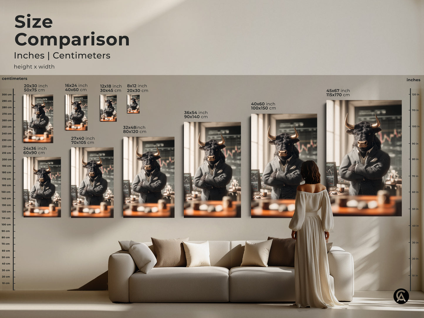 Size comparison of bull in suit art prints. The image showcases various sizes of the artwork. From 8x12 to 45x67 inches. Visualize how the art fits in different spaces. Find the ideal size for your home or office decor.