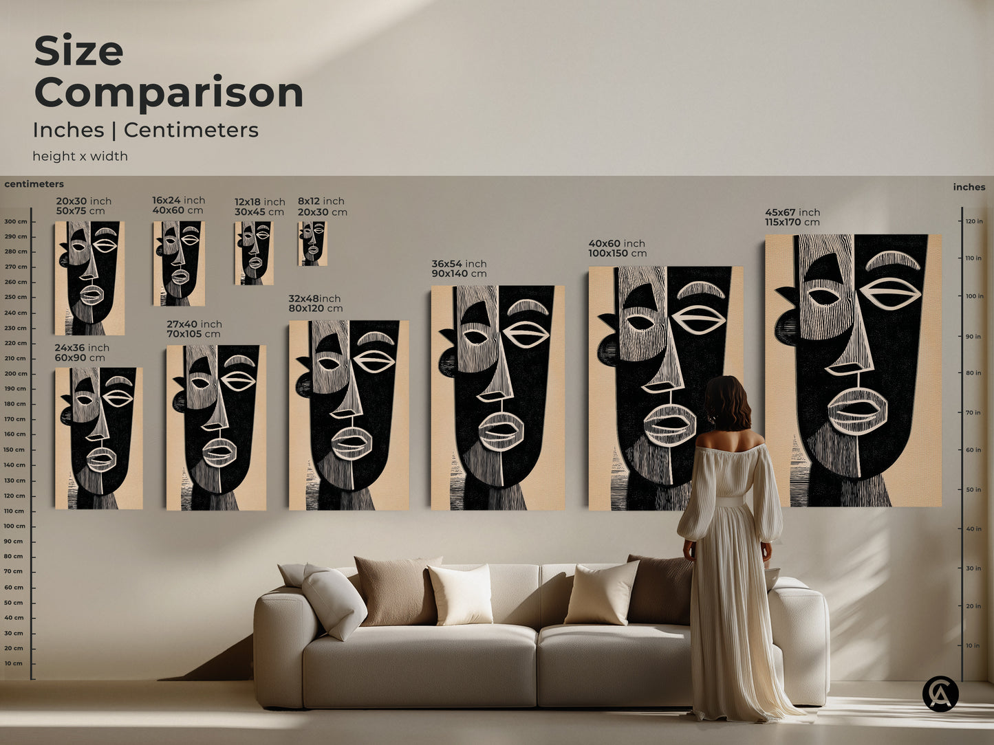 Compare sizes of this abstract face art. This size comparison showcases canvas and poster prints. It includes dimensions in inches and centimeters. Visualize this Mid-Century Modern artwork above a sofa. The black and beige Bauhaus style adds a touch of elegance to any modern living room.