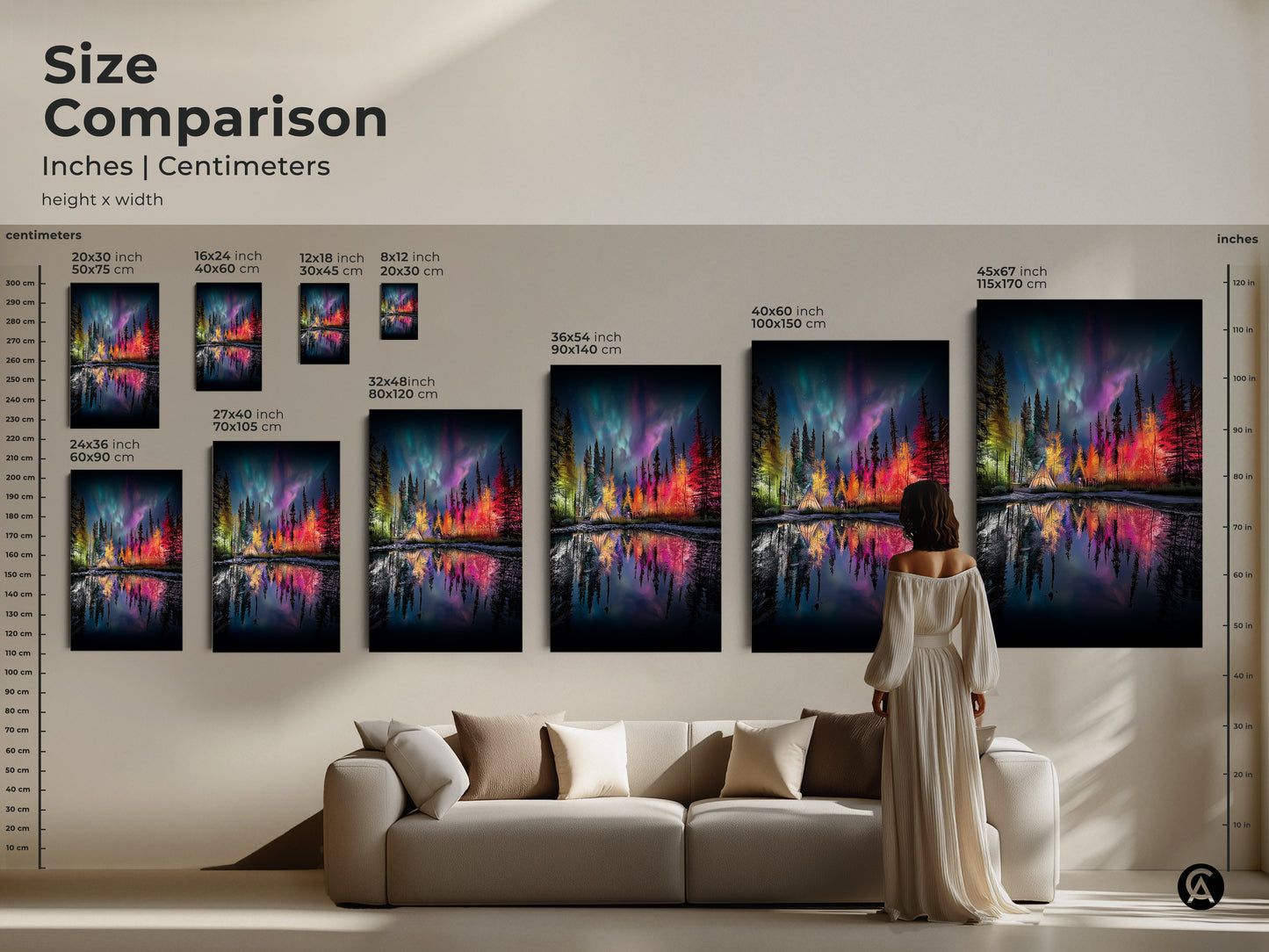 Compare sizes of this Aurora Borealis canvas art to find the perfect fit. See how the teal green and purple landscape decor looks in various dimensions. Ranging from small to large this northern lights forest print enhances any room. Transform your space with this adventure travel artwork.