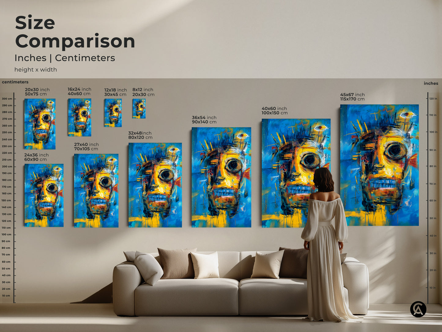 Size comparison of abstract face artwork in inches and centimeters. See how the artwork scales in different dimensions. Choose from various sizes to suit your space. Find the perfect size for your home.