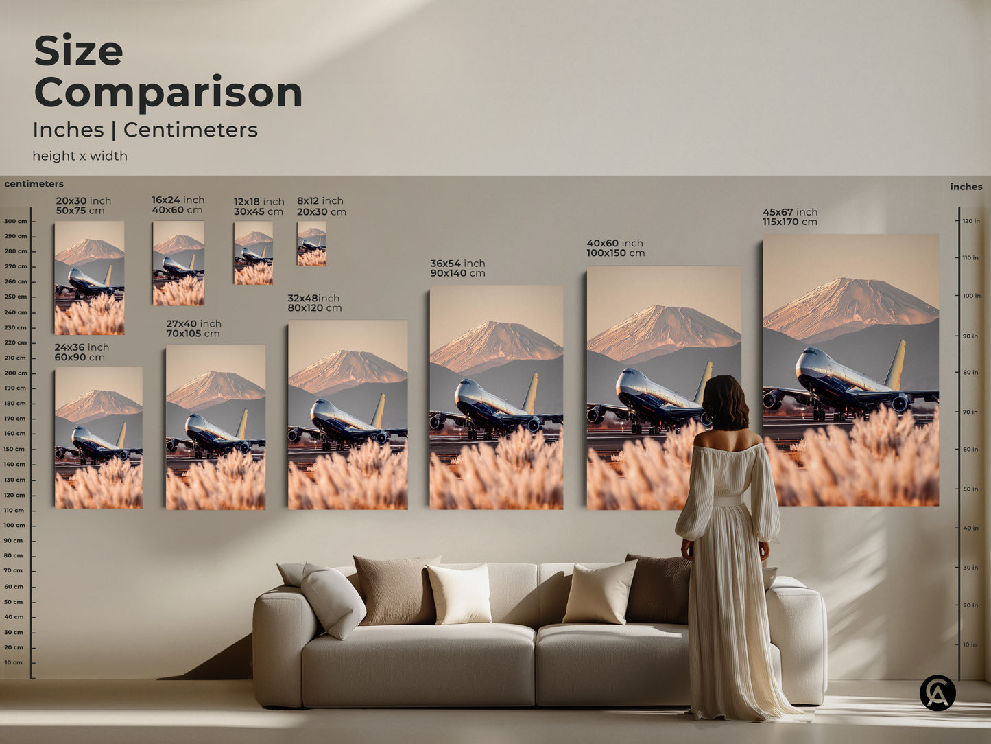 Size comparison for realistic airplane and Mt Fuji art in inches and centimeters. Visualize how each canvas or poster size fits above a sofa. Find the perfect scale for your space. Explore various sizes for contemporary travel photography. Perfect for modern home decor and unique gifts.
