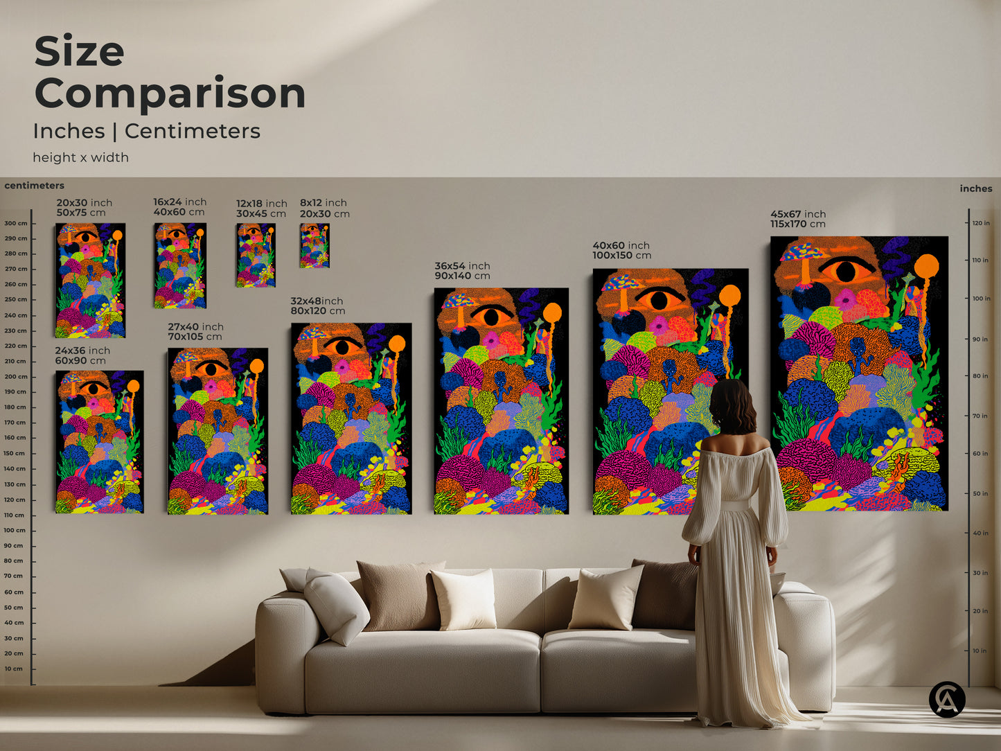 Size comparison of psychedelic mushroom art prints in a living room setting. Various sizes are displayed above a couch. This surreal eye wall art is perfect eclectic bedroom decor.